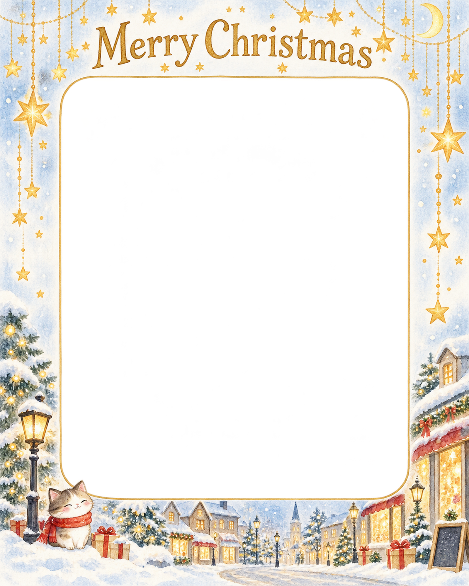 星のカーテンの大人・友達のクリスマス写真フレーム｜雪景色と金の光・無料イラスト 100100に写真・文字を入れる
