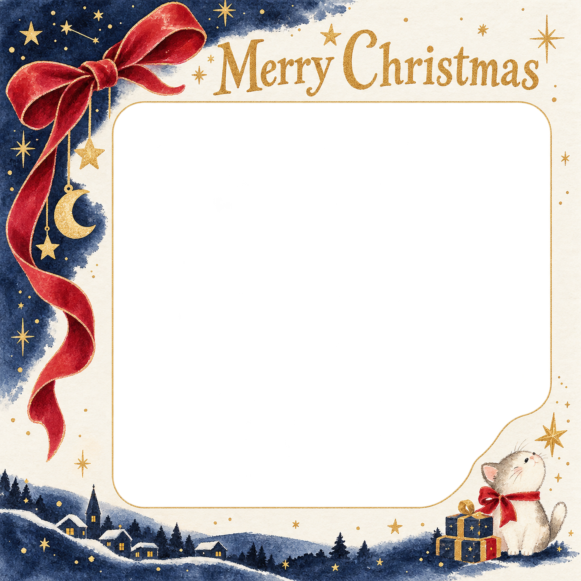 赤いベルベットリボンの大人・友達のクリスマス写真フレーム｜夜空と星の物語・無料イラスト 100102に写真・文字を入れる