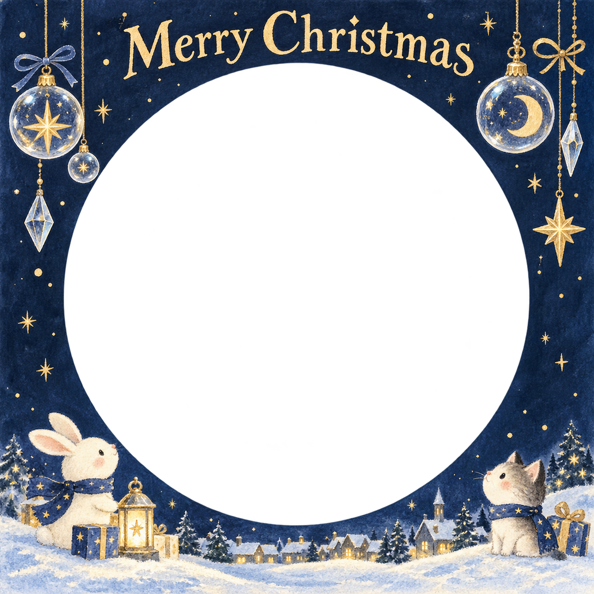 ガラスの飾りの大人・友達のクリスマス写真フレーム｜夜空と星の物語・無料イラスト 100104に写真・文字を入れる