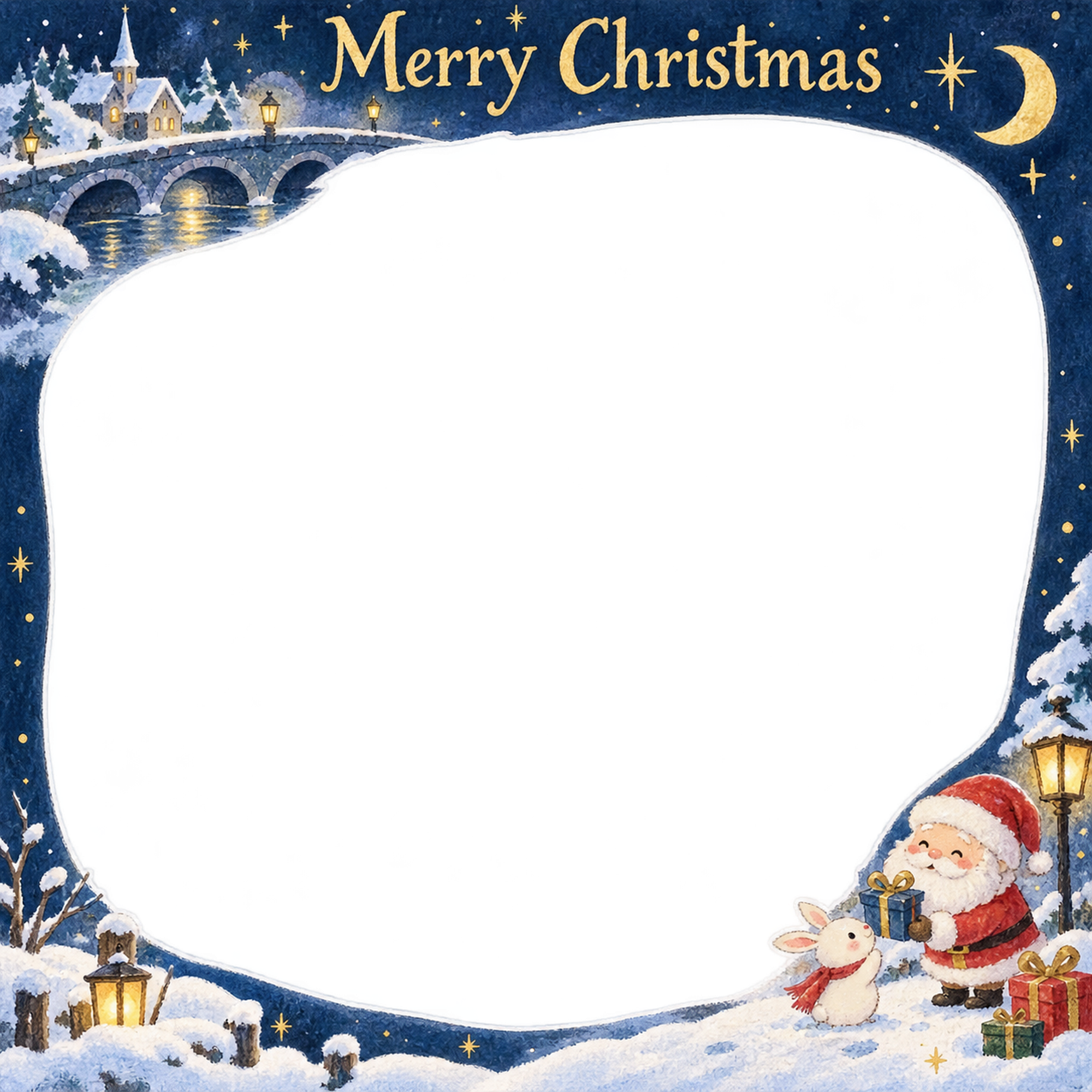 雪の橋の大人・友達のクリスマス写真フレーム｜夜空と星の物語・無料イラスト 100109に写真・文字を入れる