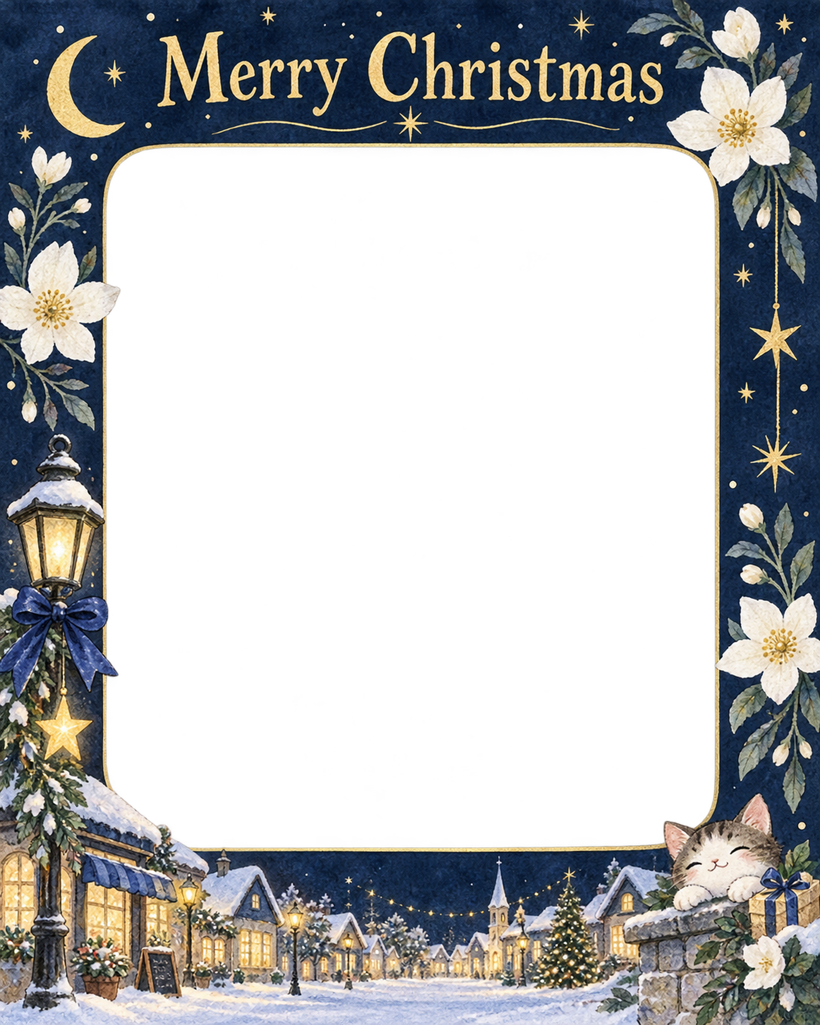 白い花の大人・友達のクリスマス写真フレーム｜夜空と星の物語・無料イラスト 100113に写真・文字を入れる