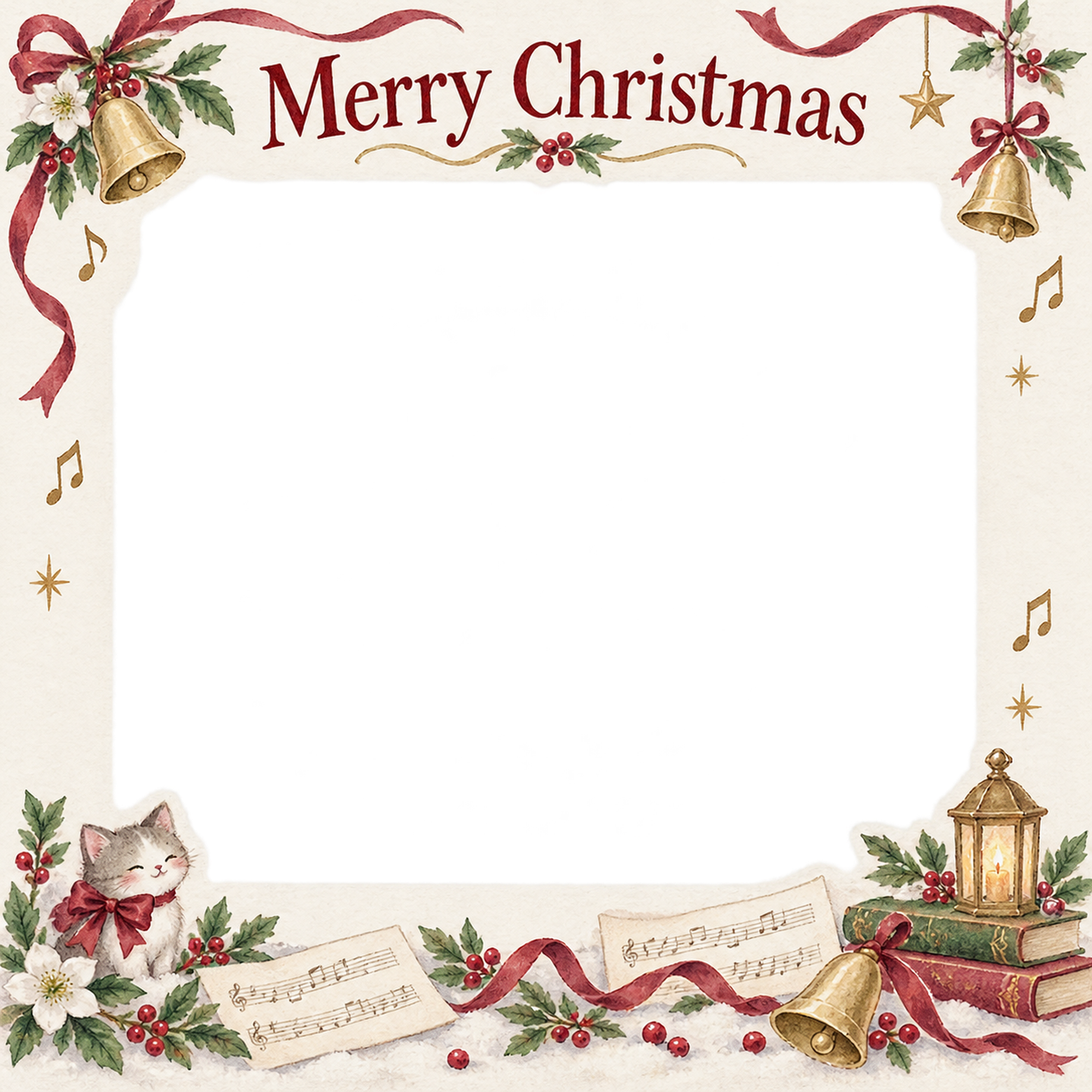 音楽とベルの大人・友達のクリスマス写真フレーム｜冬の花とリボン・無料イラスト 100117に写真・文字を入れる