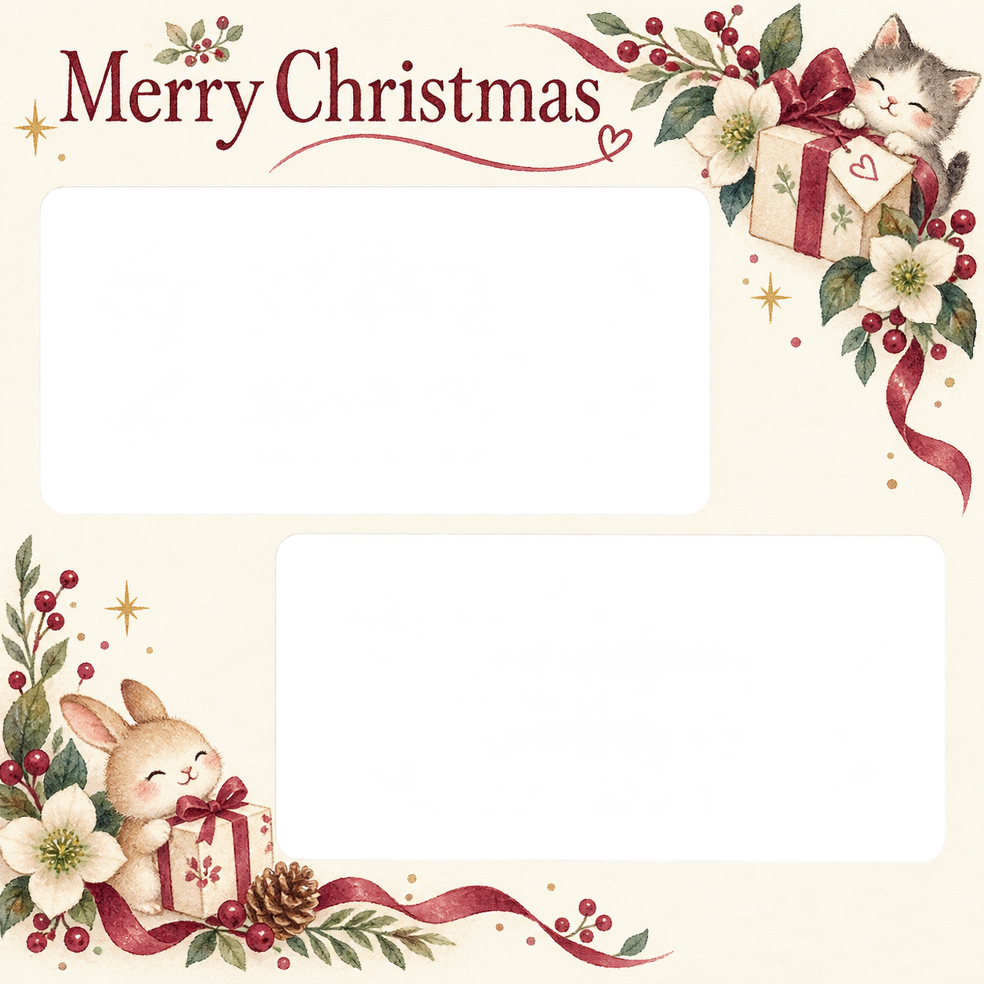 小さな贈り物の大人・友達のクリスマス写真フレーム｜冬の花とリボン・無料イラスト 100118に写真・文字を入れる