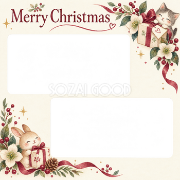 小さな贈り物の大人・友達のクリスマス写真フレーム｜冬の花とリボン・無料イラスト 100118