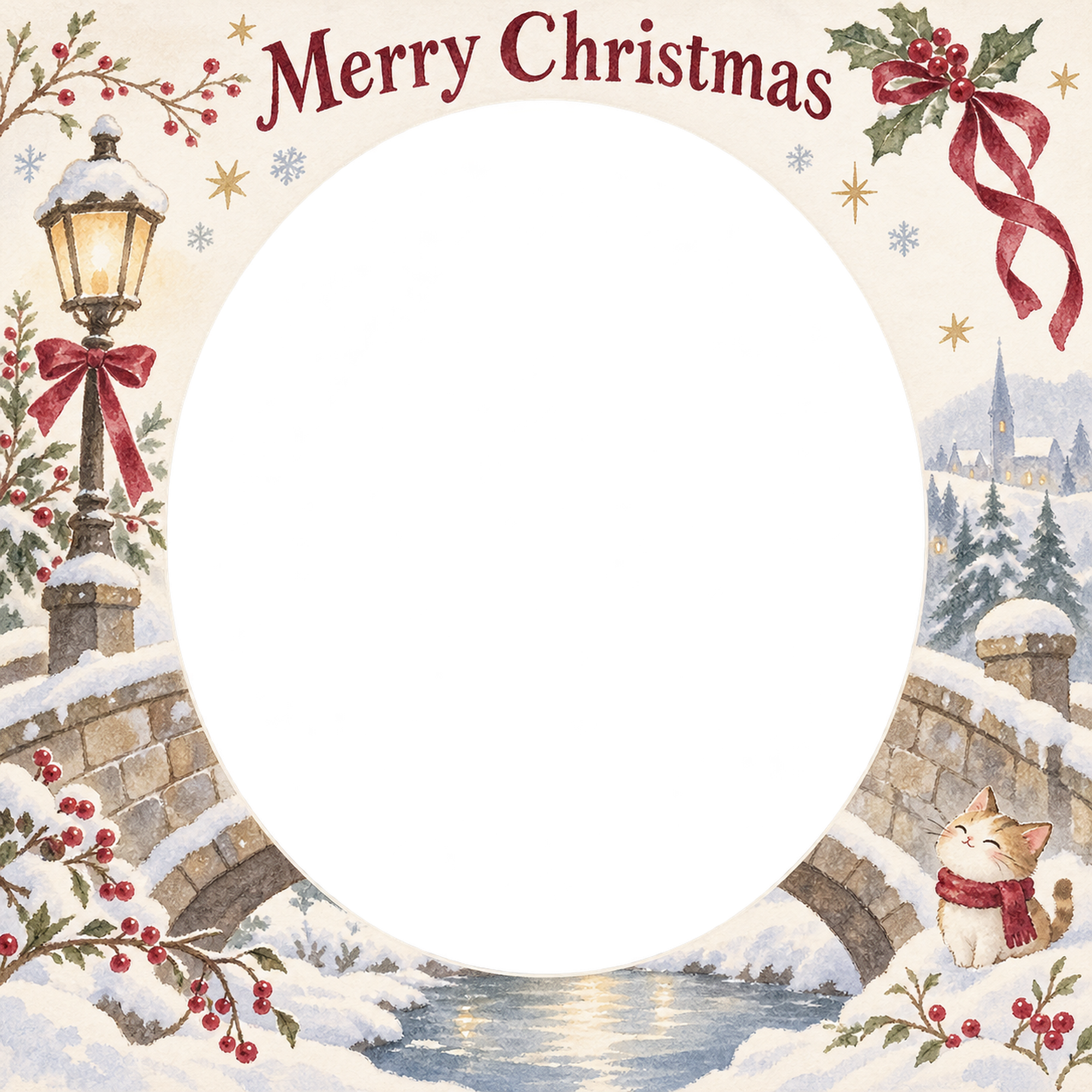雪の橋の大人・友達のクリスマス写真フレーム｜冬の花とリボン・無料イラスト 100119に写真・文字を入れる