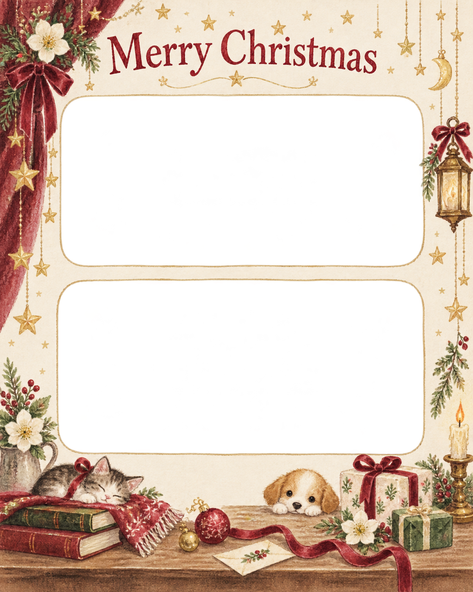 星のカーテンの大人・友達のクリスマス写真フレーム｜冬の花とリボン・無料イラスト 100120に写真・文字を入れる