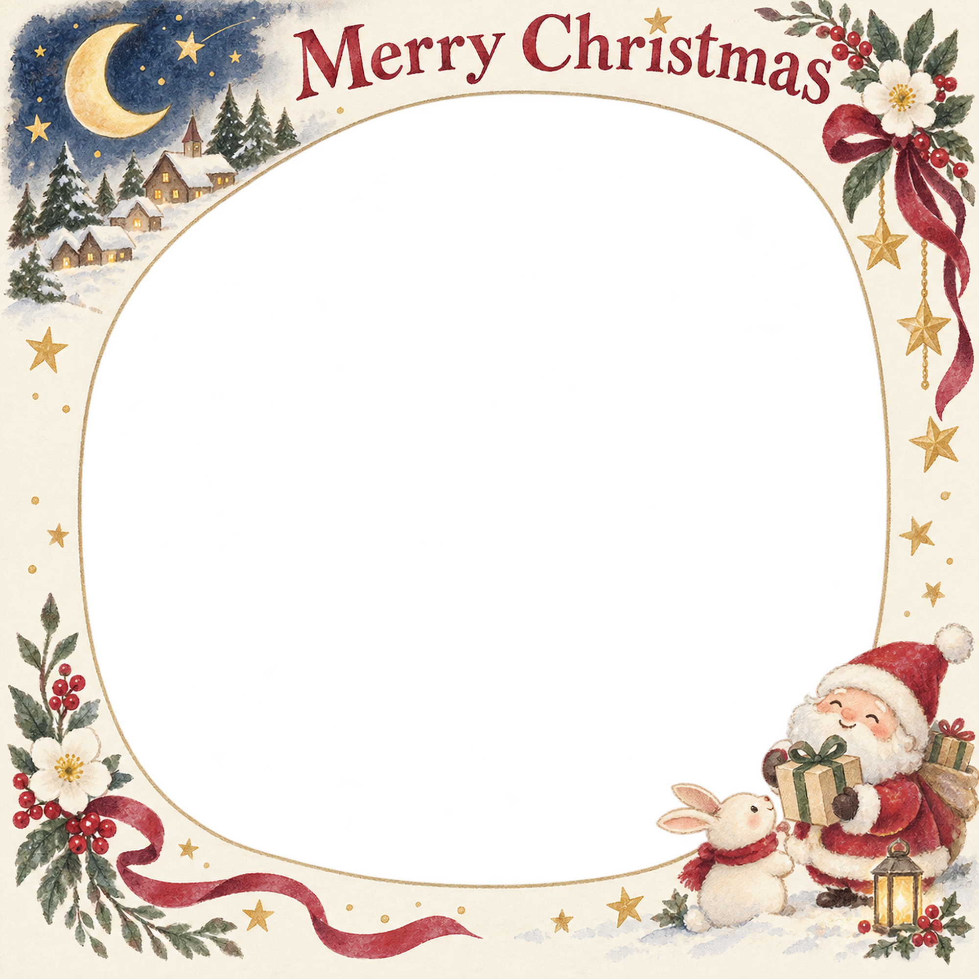 三日月と星の大人・友達のクリスマス写真フレーム｜冬の花とリボン・無料イラスト 100122に写真・文字を入れる