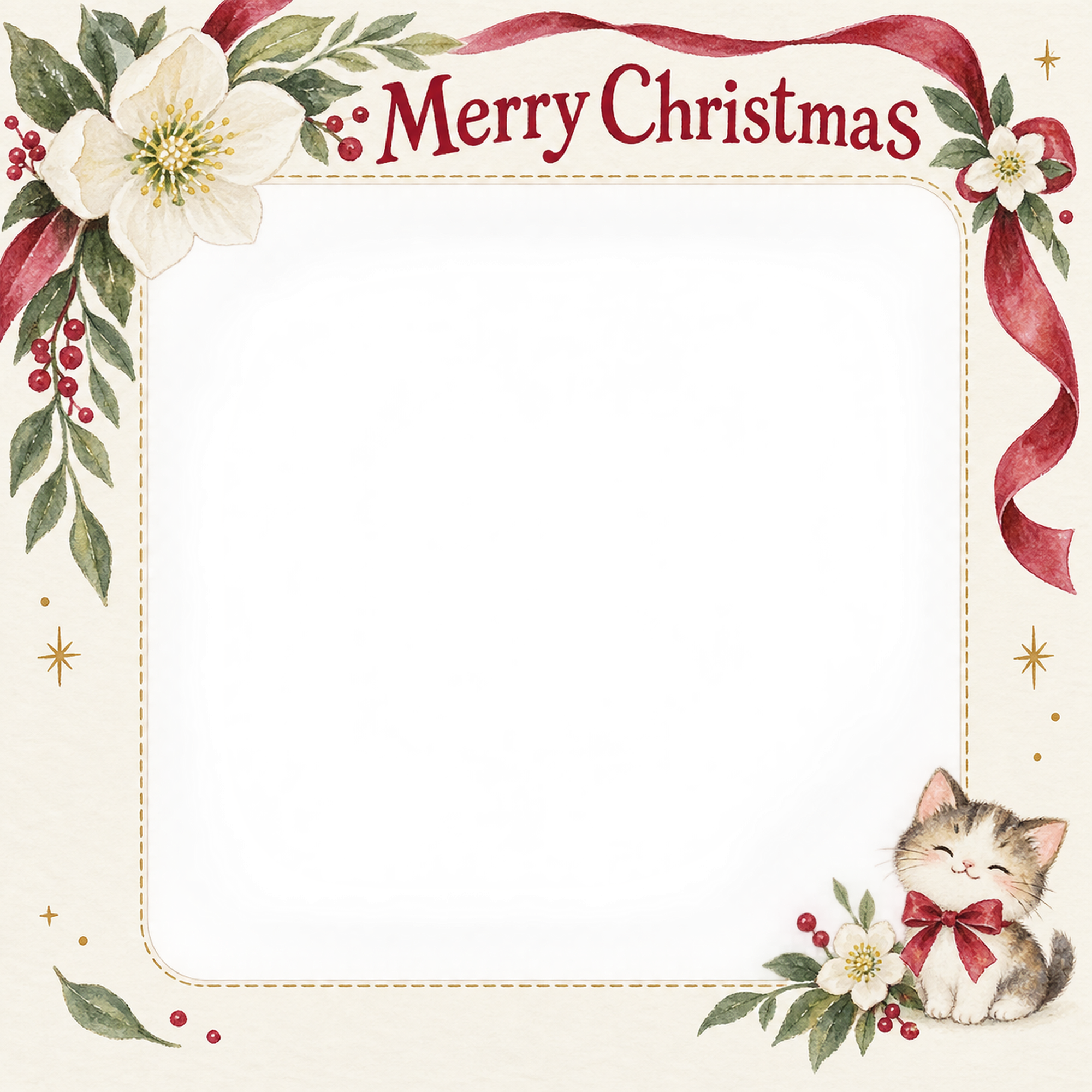 白い花の大人・友達のクリスマス写真フレーム｜冬の花とリボン・無料イラスト 100123に写真・文字を入れる