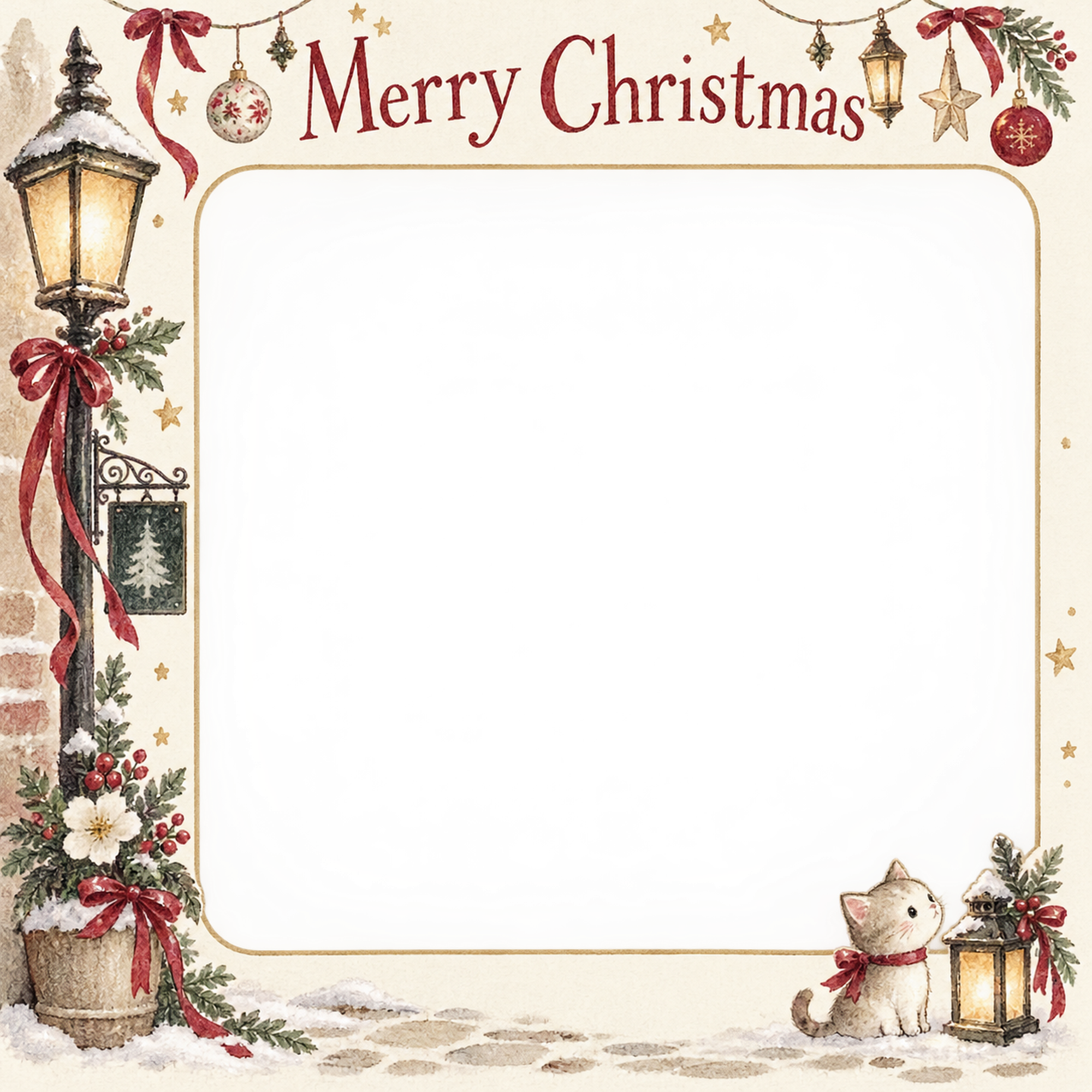 街角のランタンの大人・友達のクリスマス写真フレーム｜冬の花とリボン・無料イラスト 100125に写真・文字を入れる