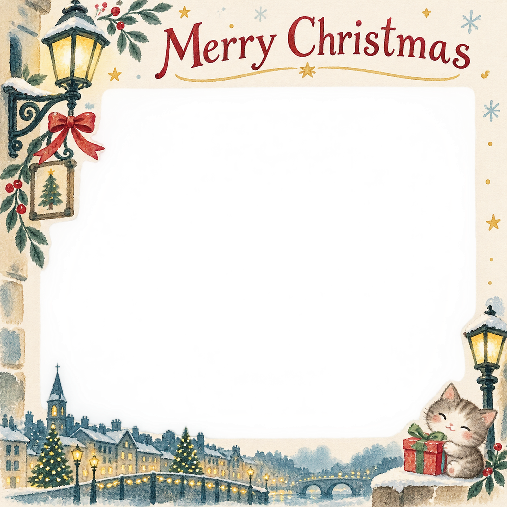 小さな贈り物の大人・友達のクリスマス写真フレーム｜街角のクリスマス・無料イラスト 100128に写真・文字を入れる