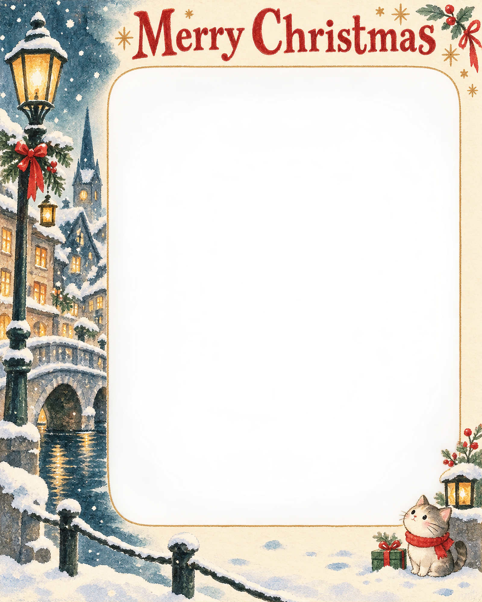 雪の橋の大人・友達のクリスマス写真フレーム｜街角のクリスマス・無料イラスト 100129に写真・文字を入れる