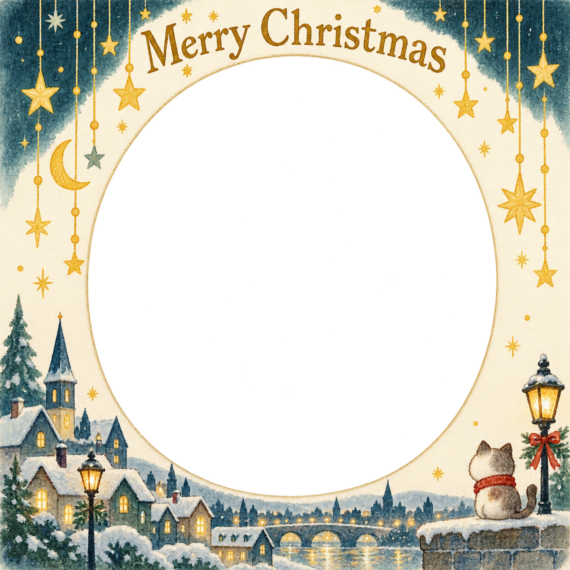 星のカーテンの大人・友達のクリスマス写真フレーム｜街角のクリスマス・無料イラスト 100130に写真・文字を入れる