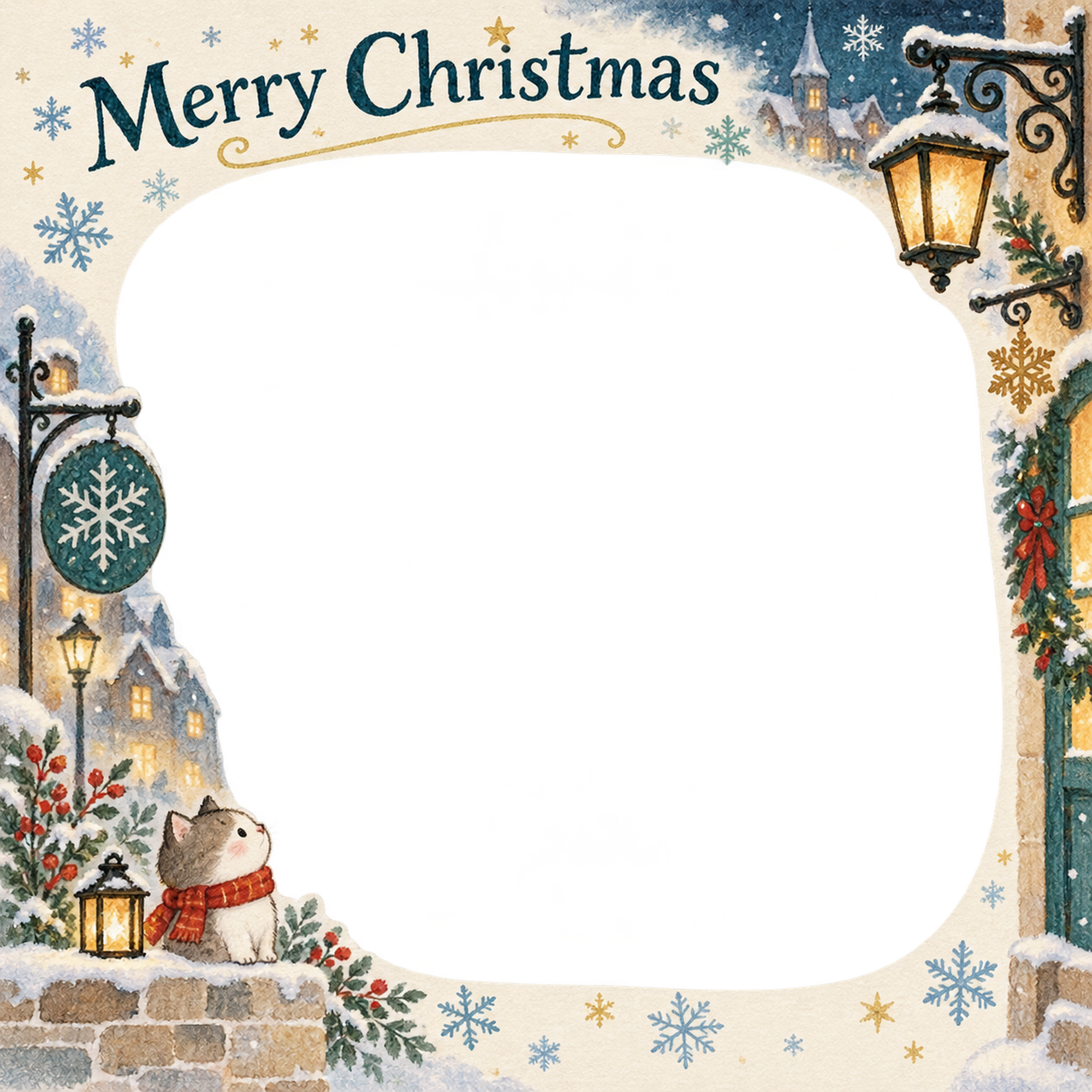 雪の結晶の大人・友達のクリスマス写真フレーム｜街角のクリスマス・無料イラスト 100131に写真・文字を入れる