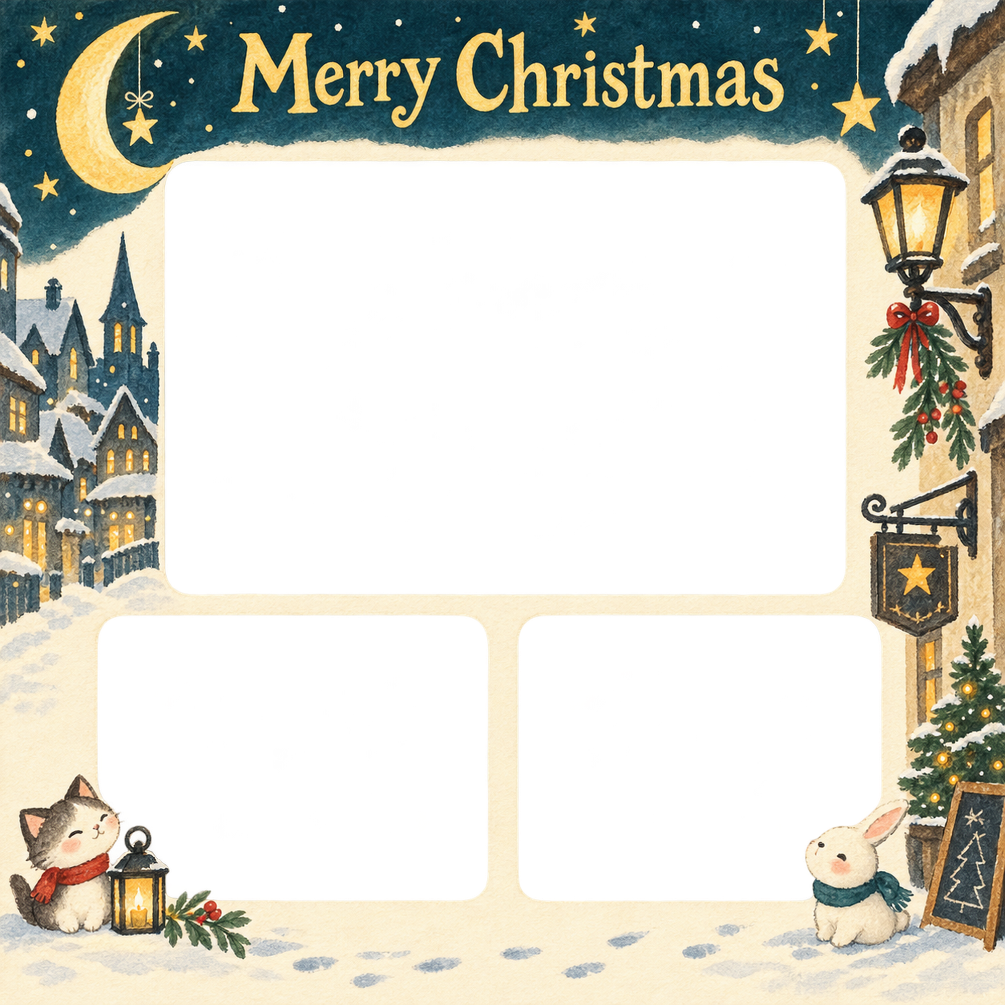 三日月と星の大人・友達のクリスマス写真フレーム｜街角のクリスマス・無料イラスト 100132に写真・文字を入れる