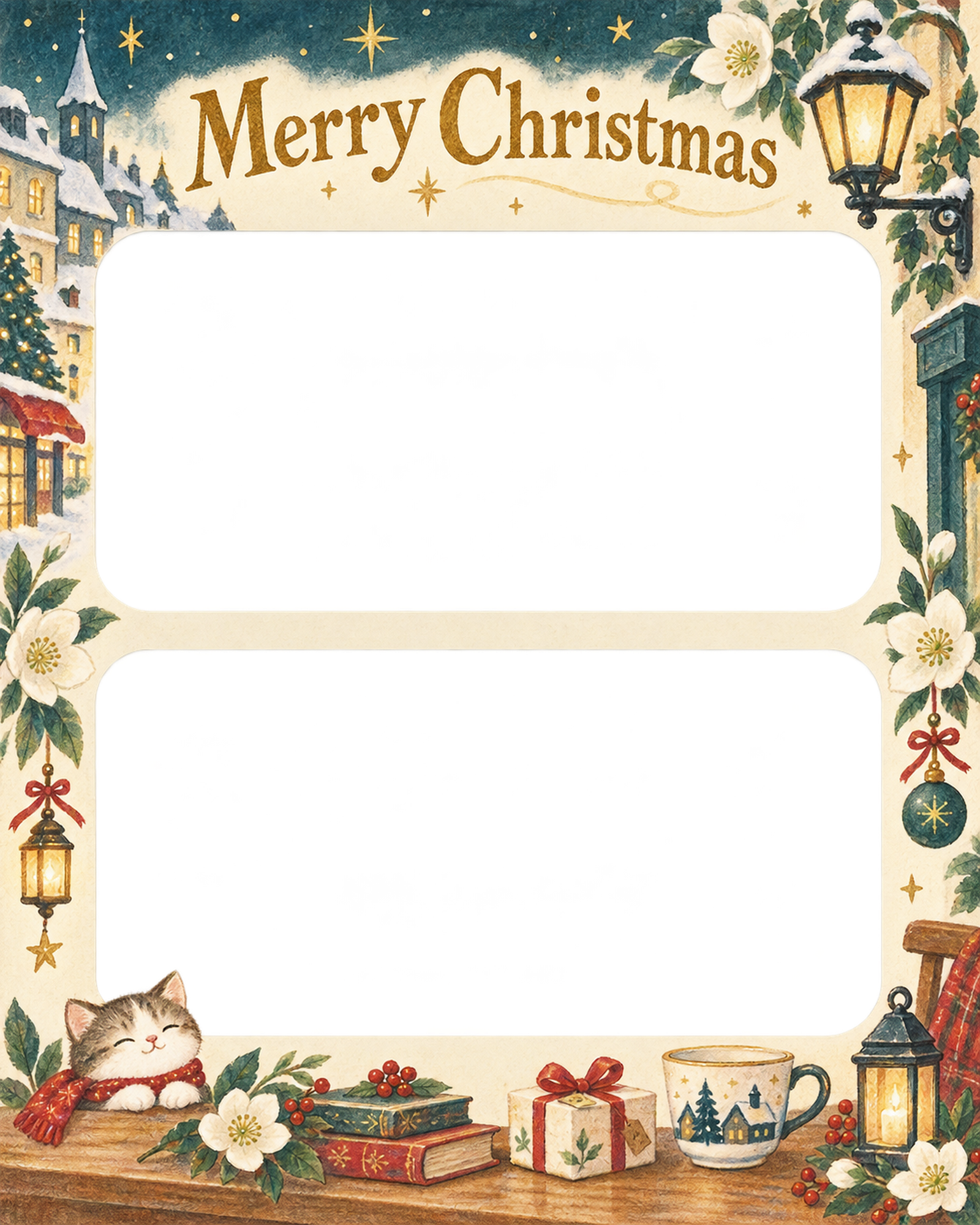 白い花の大人・友達のクリスマス写真フレーム｜街角のクリスマス・無料イラスト 100133に写真・文字を入れる