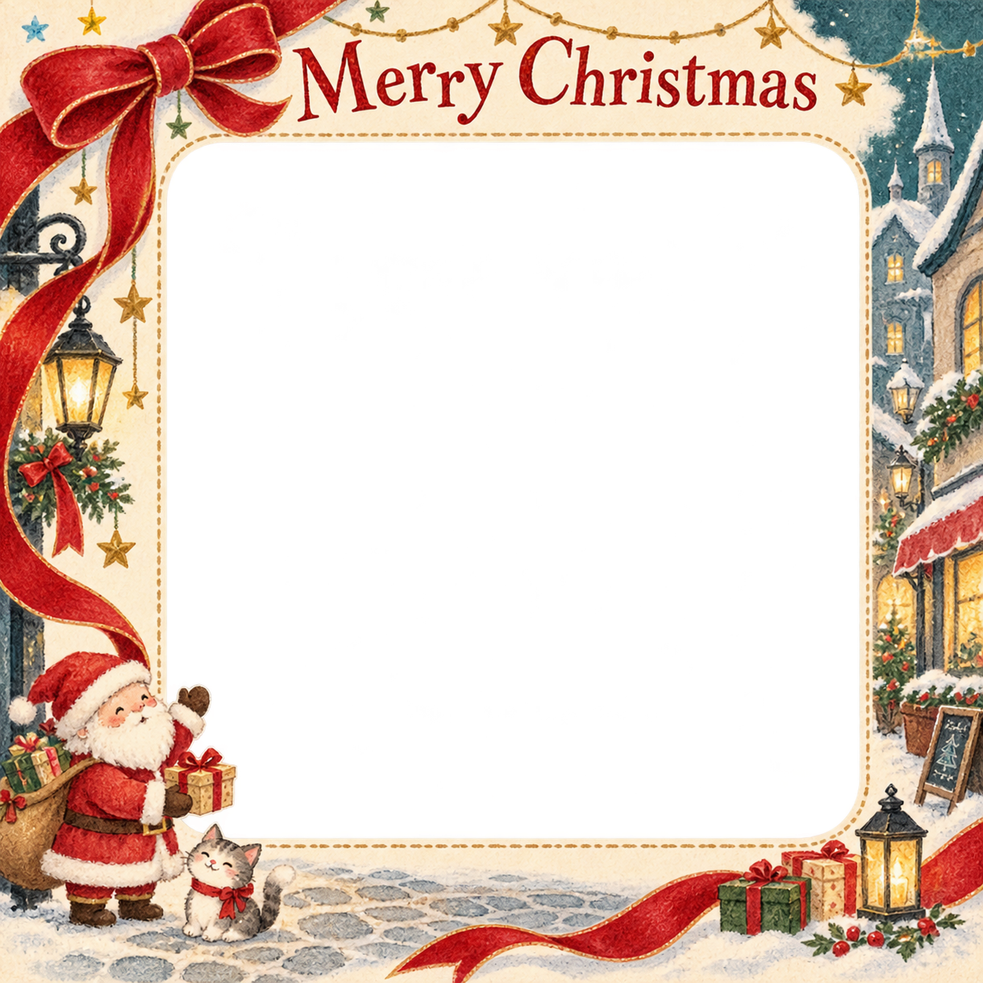 赤いベルベットリボンの大人・友達のクリスマス写真フレーム｜街角のクリスマス・無料イラスト 100134に写真・文字を入れる