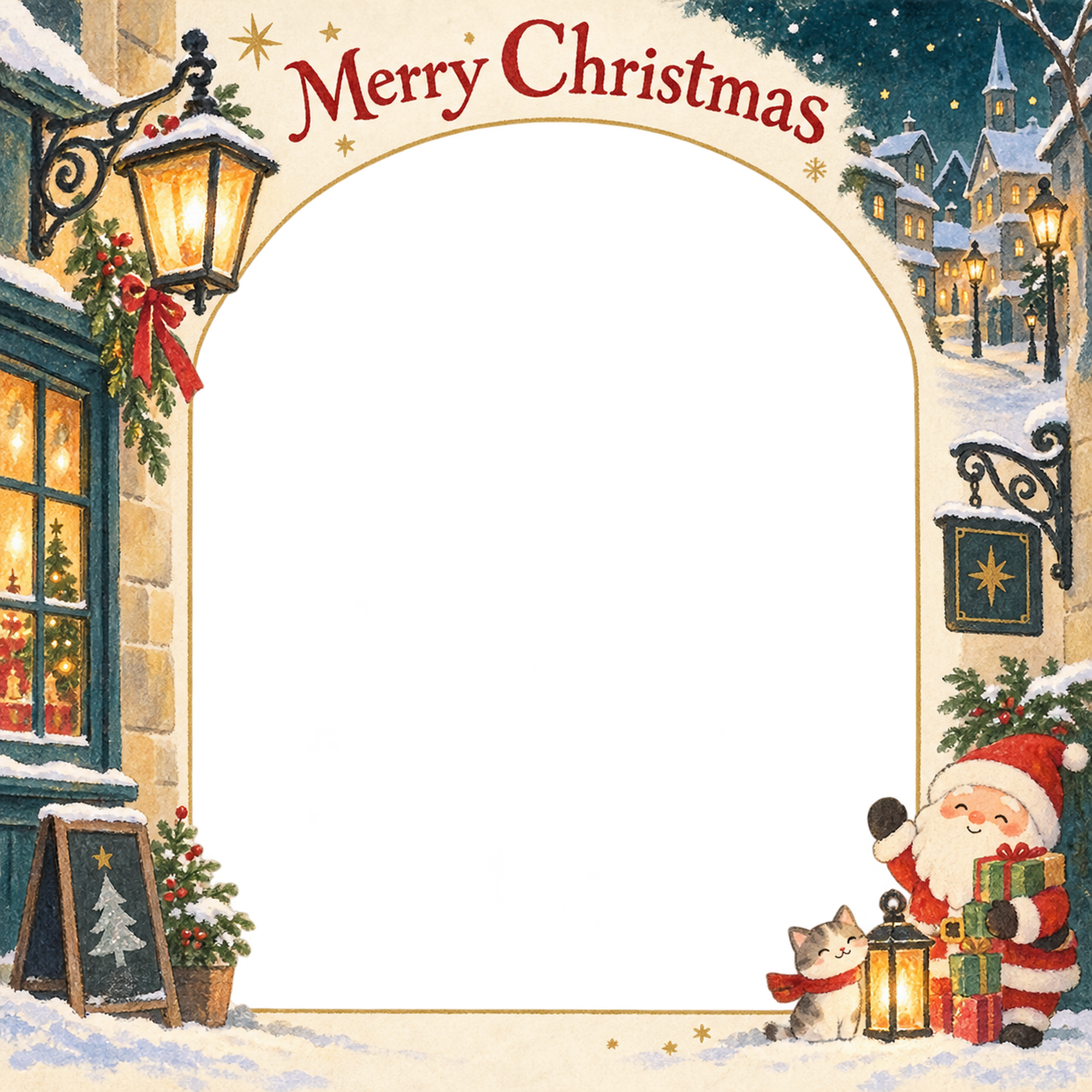 街角のランタンの大人・友達のクリスマス写真フレーム｜街角のクリスマス・無料イラスト 100135に写真・文字を入れる