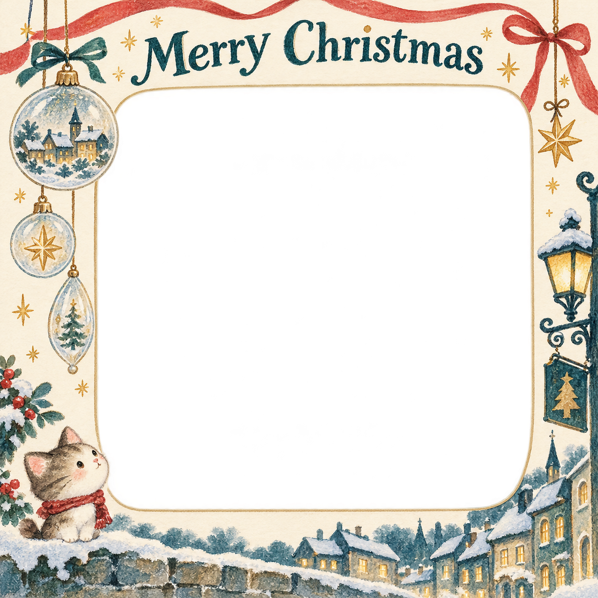 ガラスの飾りの大人・友達のクリスマス写真フレーム｜街角のクリスマス・無料イラスト 100136に写真・文字を入れる