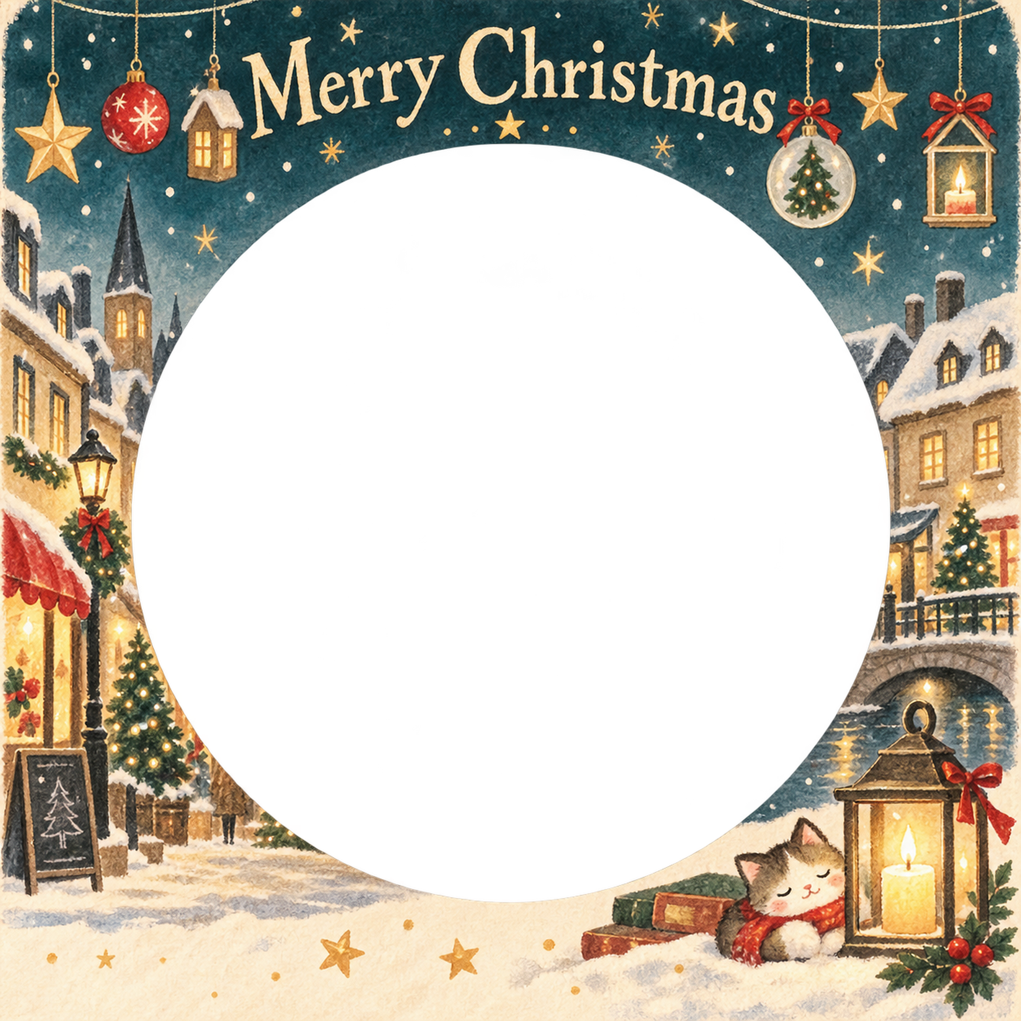 キャンドルの光の大人・友達のクリスマス写真フレーム｜街角のクリスマス・無料イラスト 100138に写真・文字を入れる