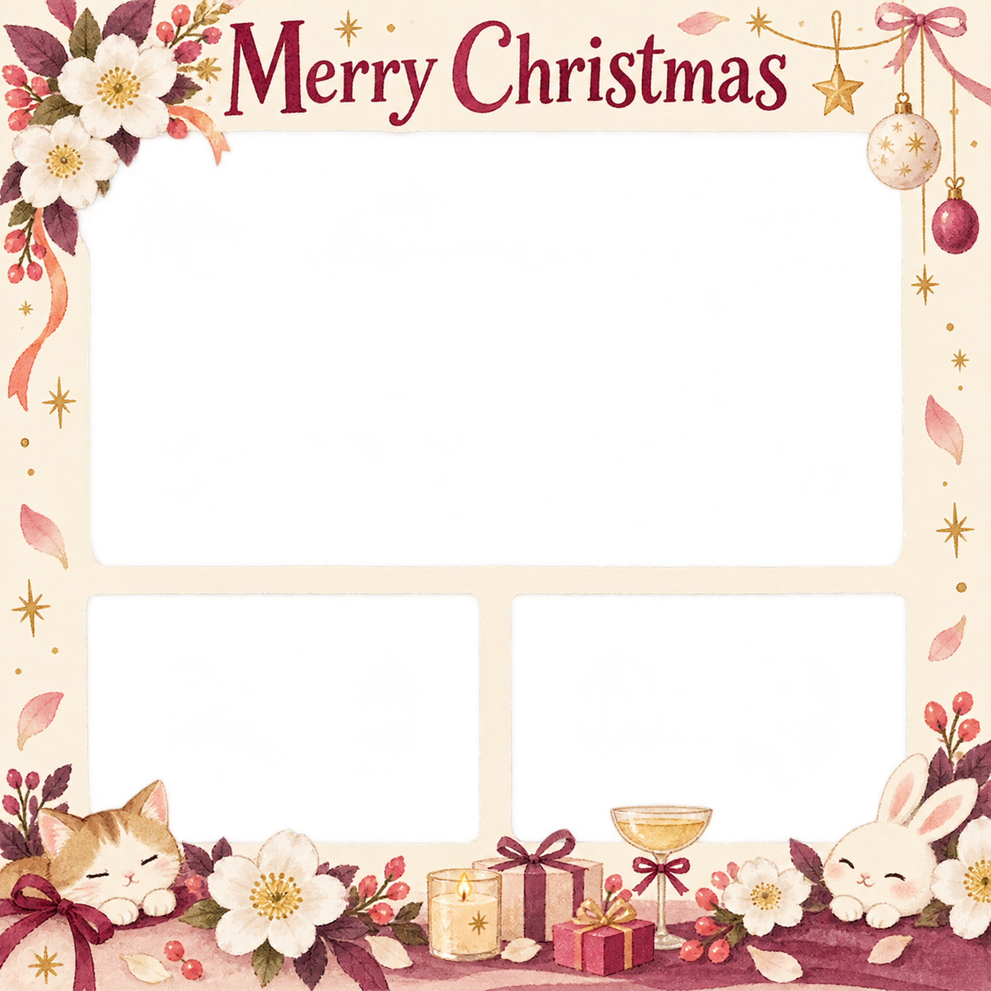 白い花の大人・友達のクリスマス写真フレーム｜大人のパーティー・無料イラスト 100143に写真・文字を入れる