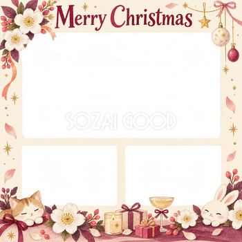 白い花の大人・友達のクリスマス写真フレーム｜大人のパーティー・無料イラスト 100143