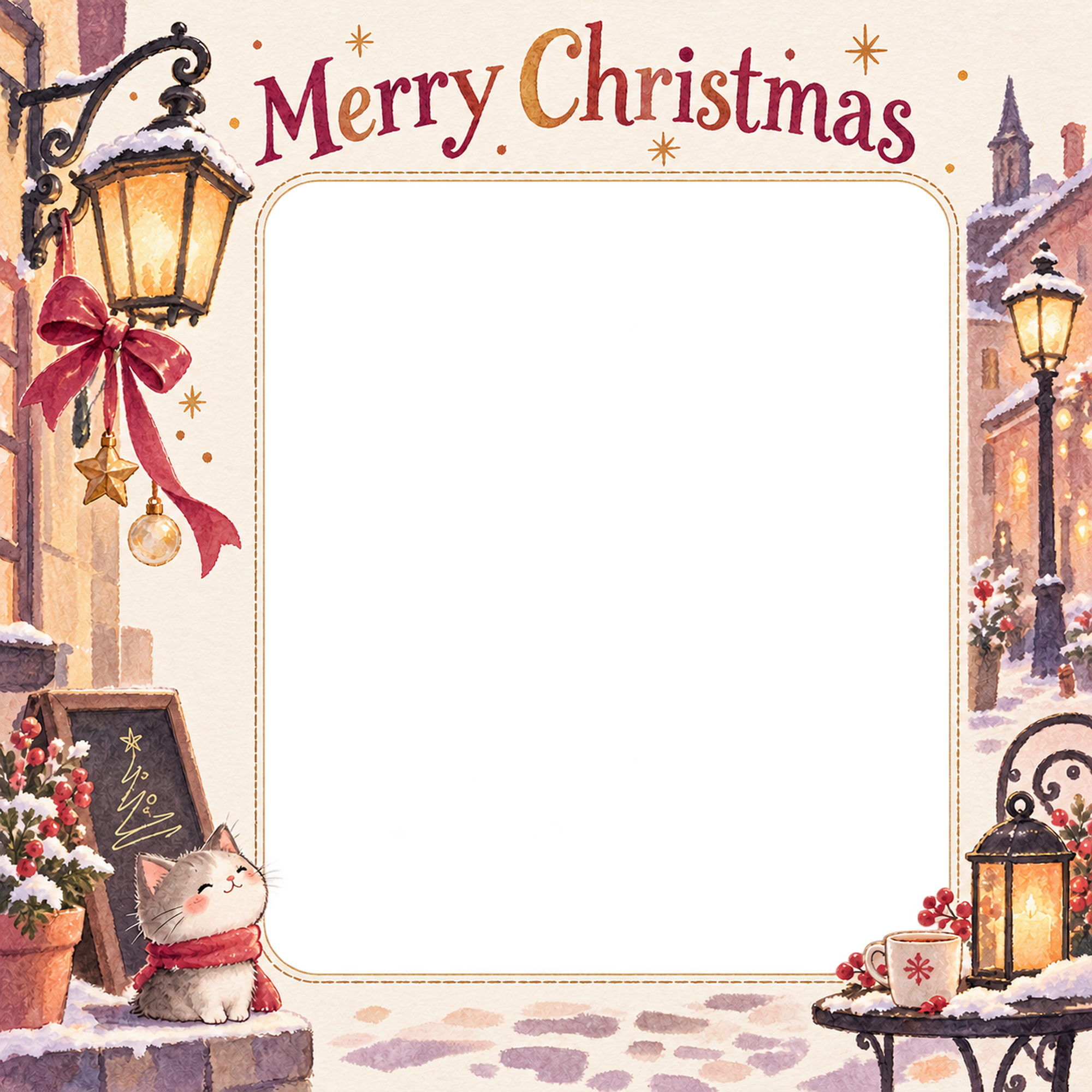 街角のランタンの大人・友達のクリスマス写真フレーム｜大人のパーティー・無料イラスト 100145に写真・文字を入れる
