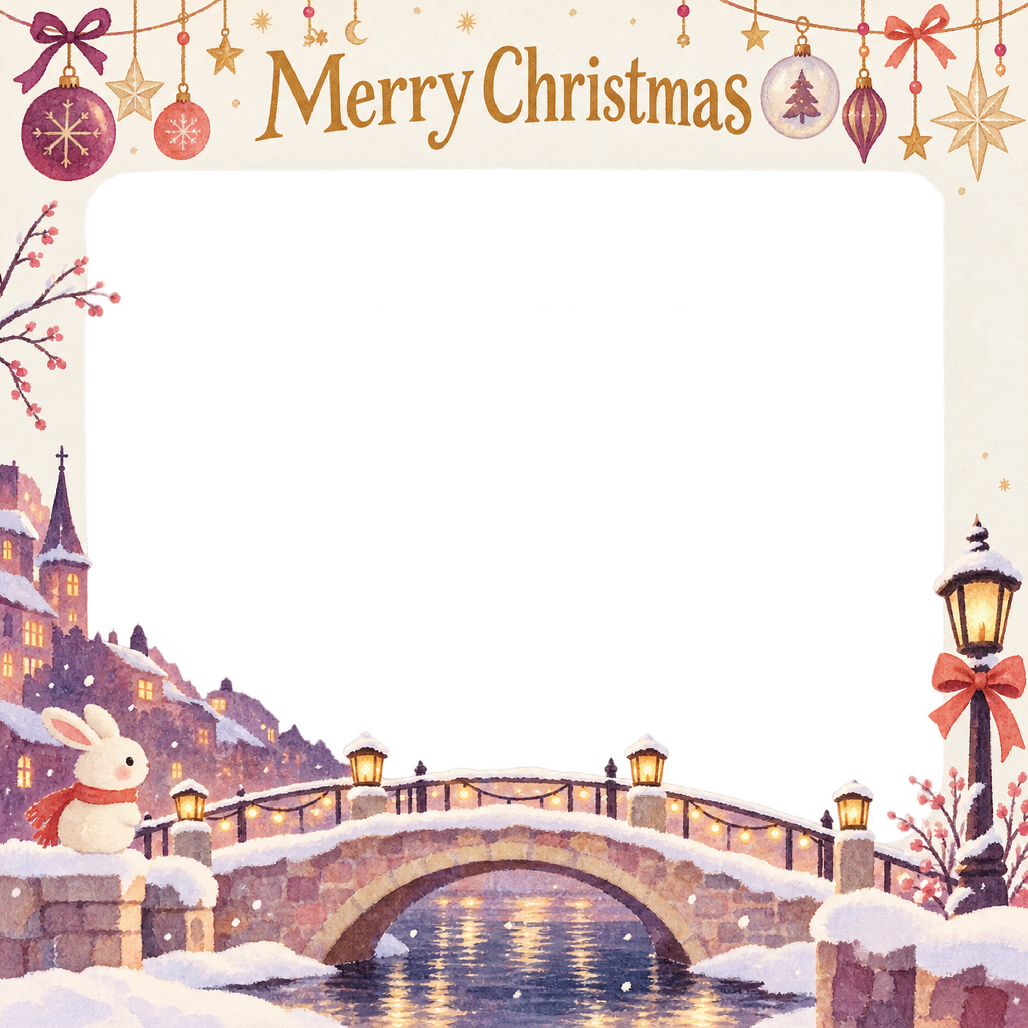雪の橋の大人・友達のクリスマス写真フレーム｜大人のパーティー・無料イラスト 100151に写真・文字を入れる