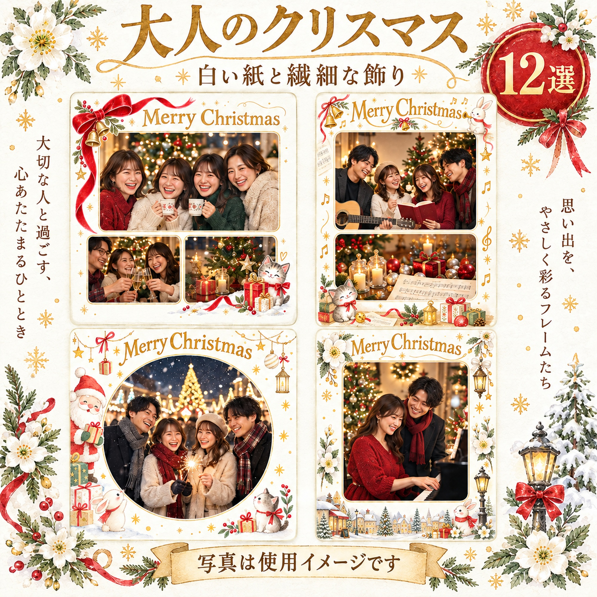大人・友達のクリスマス写真フレーム12選｜白い紙と繊細な飾りの無料イラスト素材 100153に写真・文字を入れる