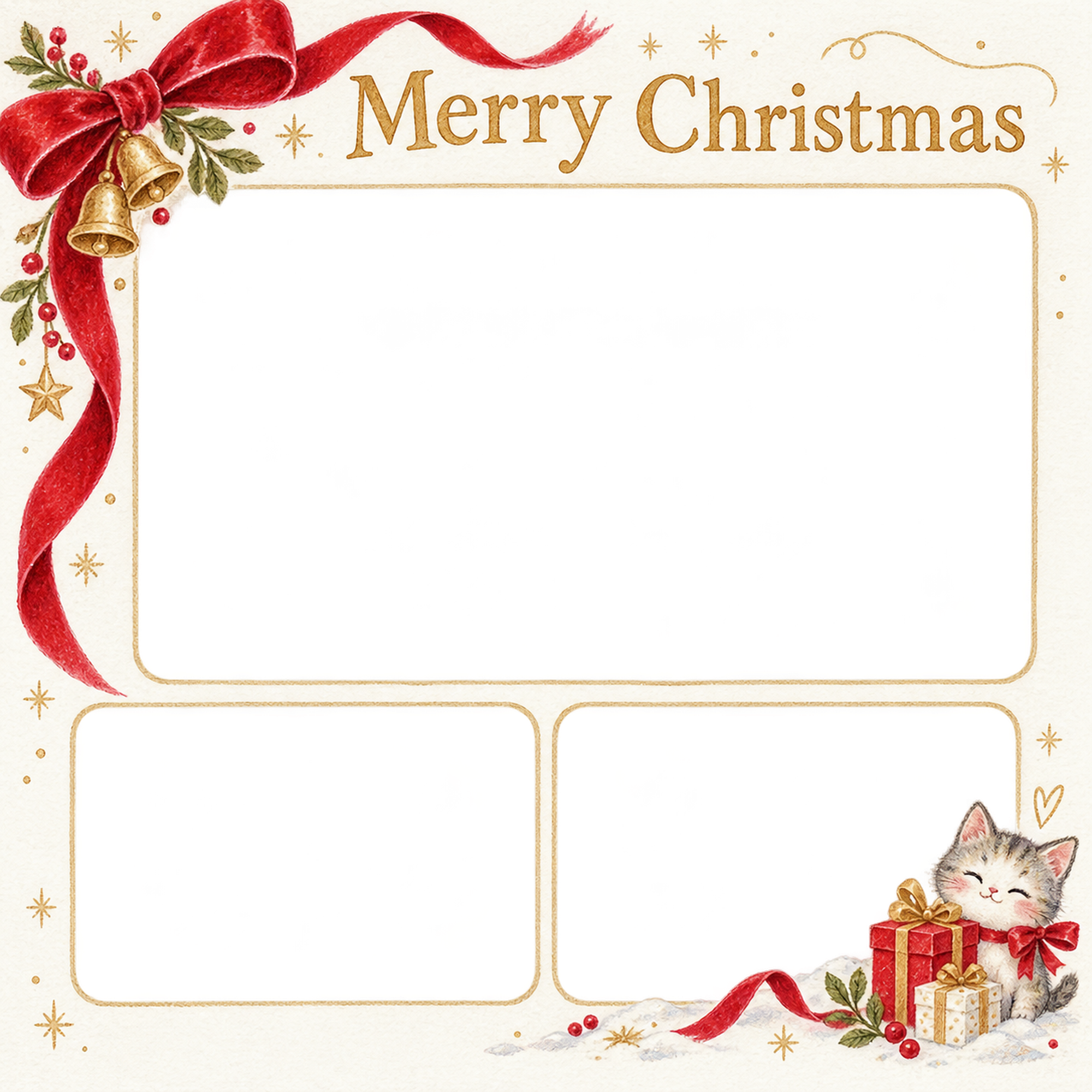 赤いベルベットリボンの大人・友達のクリスマス写真フレーム｜白い紙と繊細な飾り・無料イラスト 100154に写真・文字を入れる