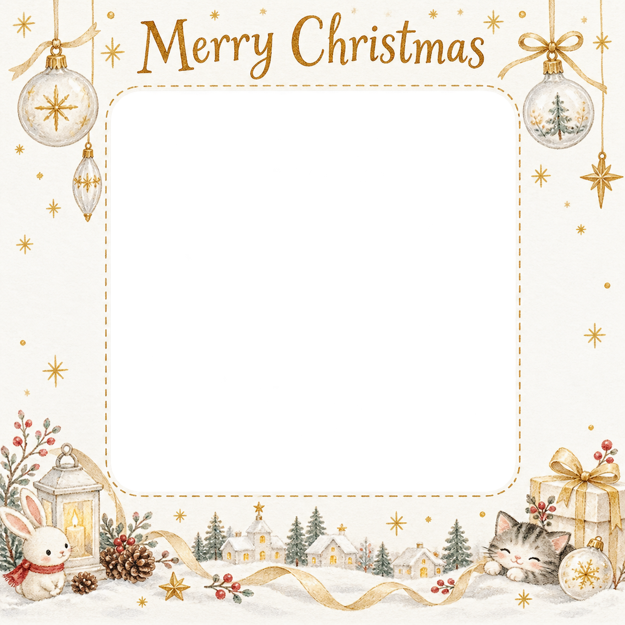 ガラスの飾りの大人・友達のクリスマス写真フレーム｜白い紙と繊細な飾り・無料イラスト 100156に写真・文字を入れる