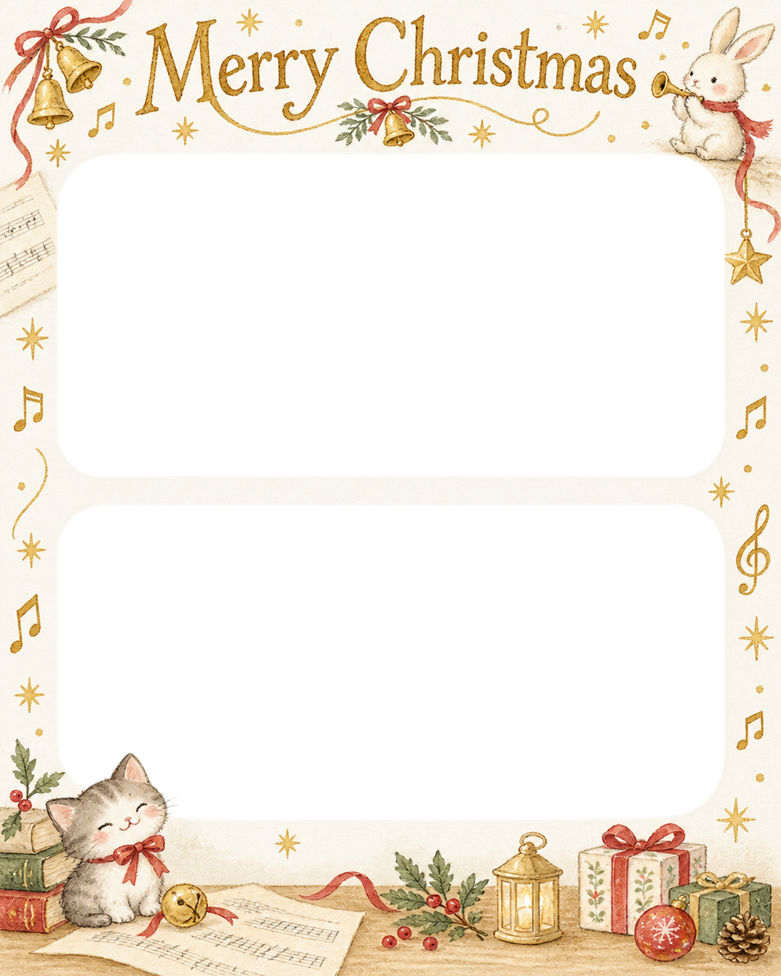 音楽とベルの大人・友達のクリスマス写真フレーム｜白い紙と繊細な飾り・無料イラスト 100159に写真・文字を入れる