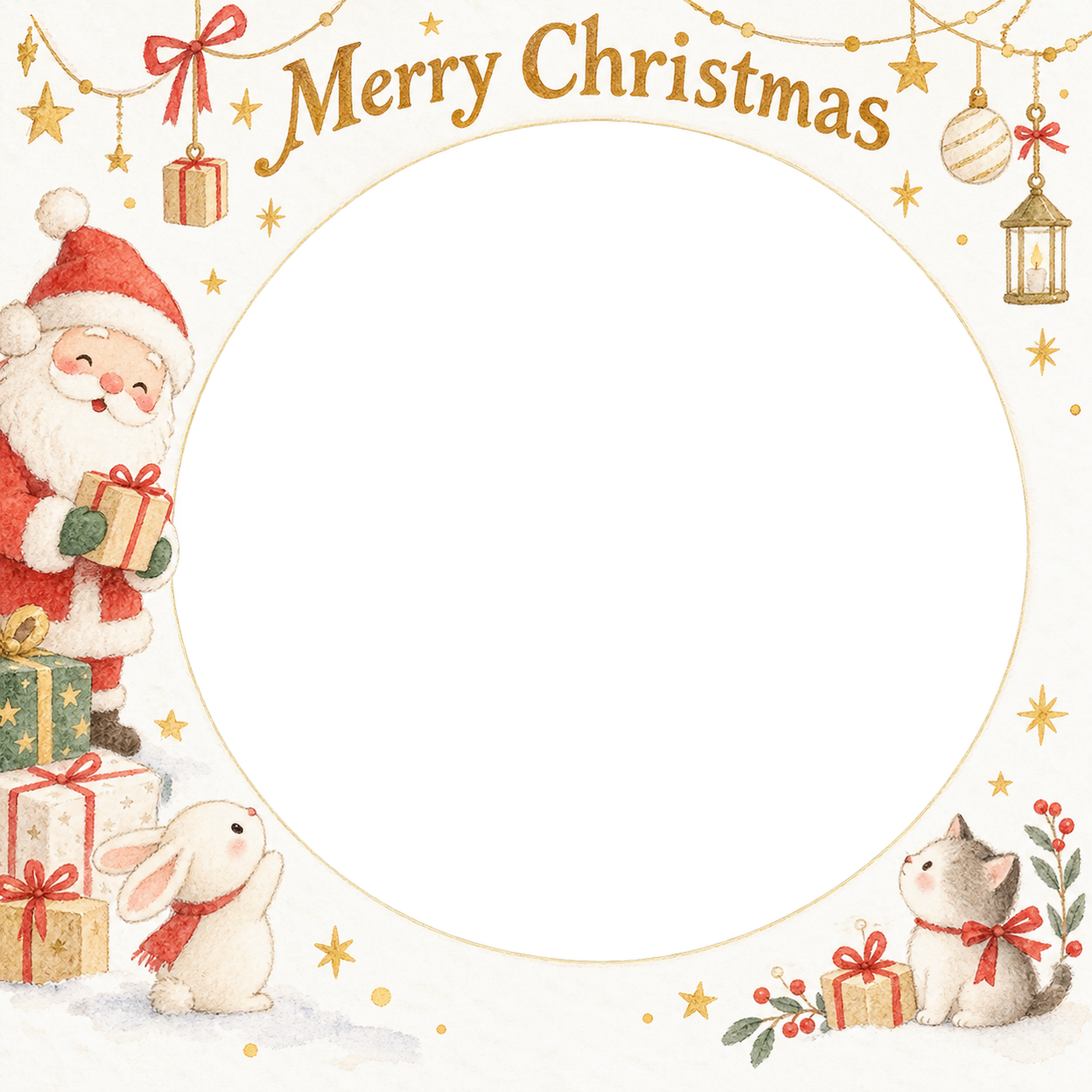 小さな贈り物の大人・友達のクリスマス写真フレーム｜白い紙と繊細な飾り・無料イラスト 100160に写真・文字を入れる