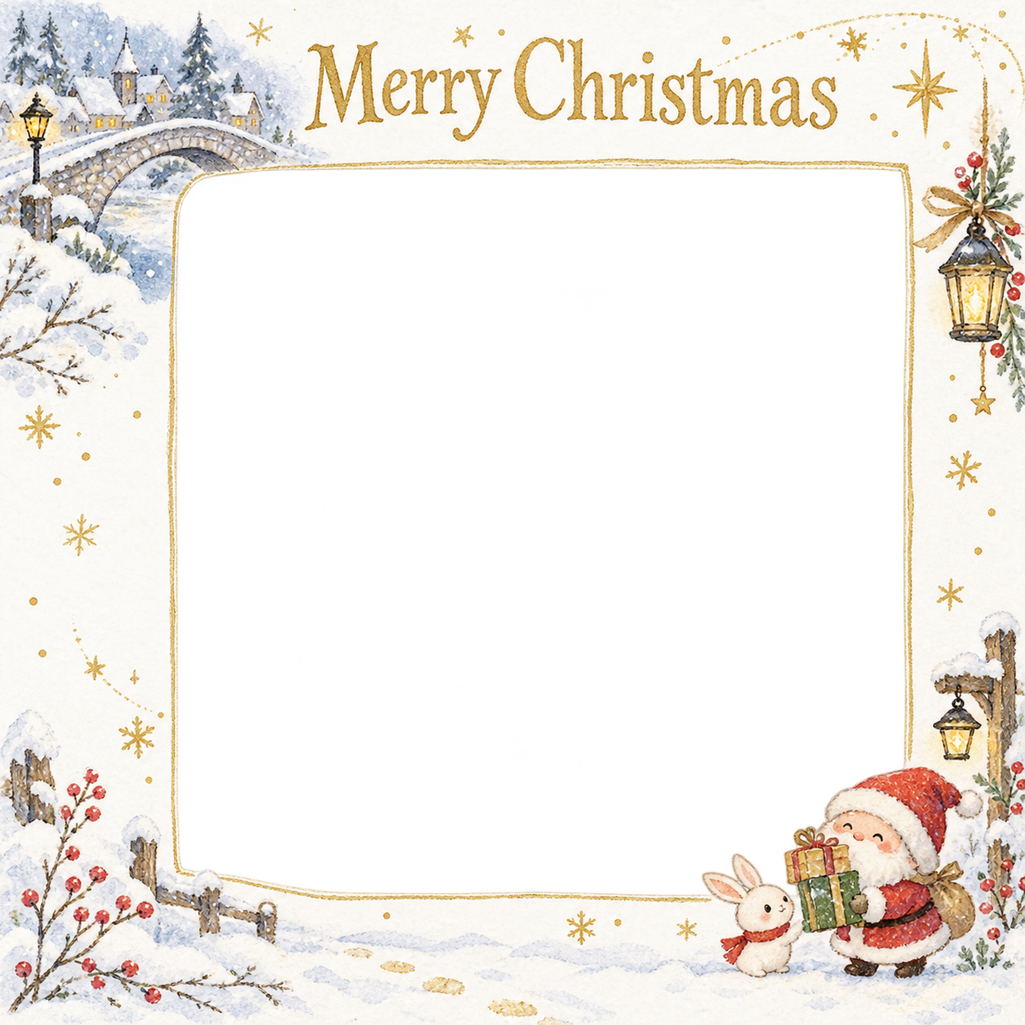 雪の橋の大人・友達のクリスマス写真フレーム｜白い紙と繊細な飾り・無料イラスト 100161に写真・文字を入れる