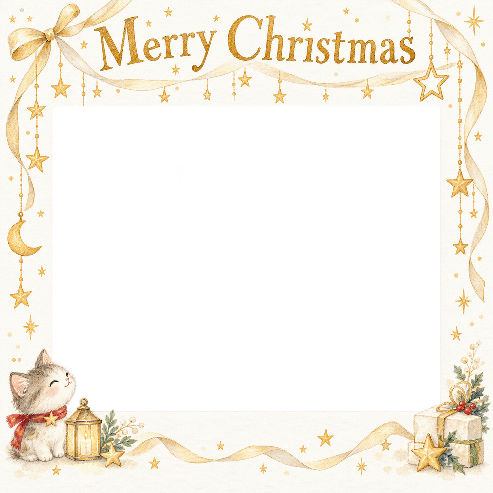 星のカーテンの大人・友達のクリスマス写真フレーム｜白い紙と繊細な飾り・無料イラスト 100162に写真・文字を入れる