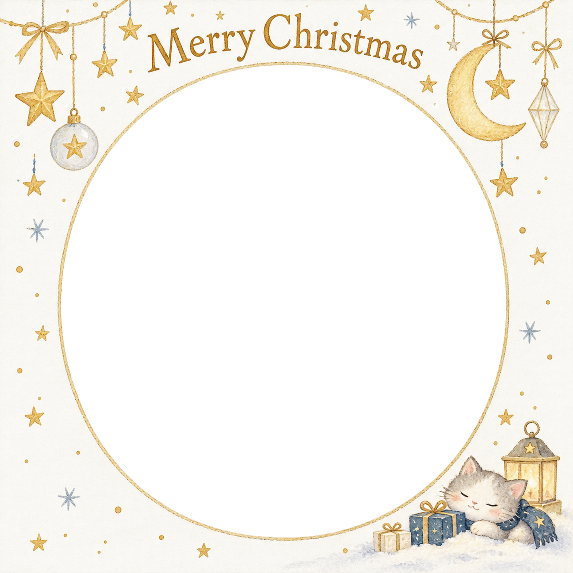 三日月と星の大人・友達のクリスマス写真フレーム｜白い紙と繊細な飾り・無料イラスト 100164に写真・文字を入れる