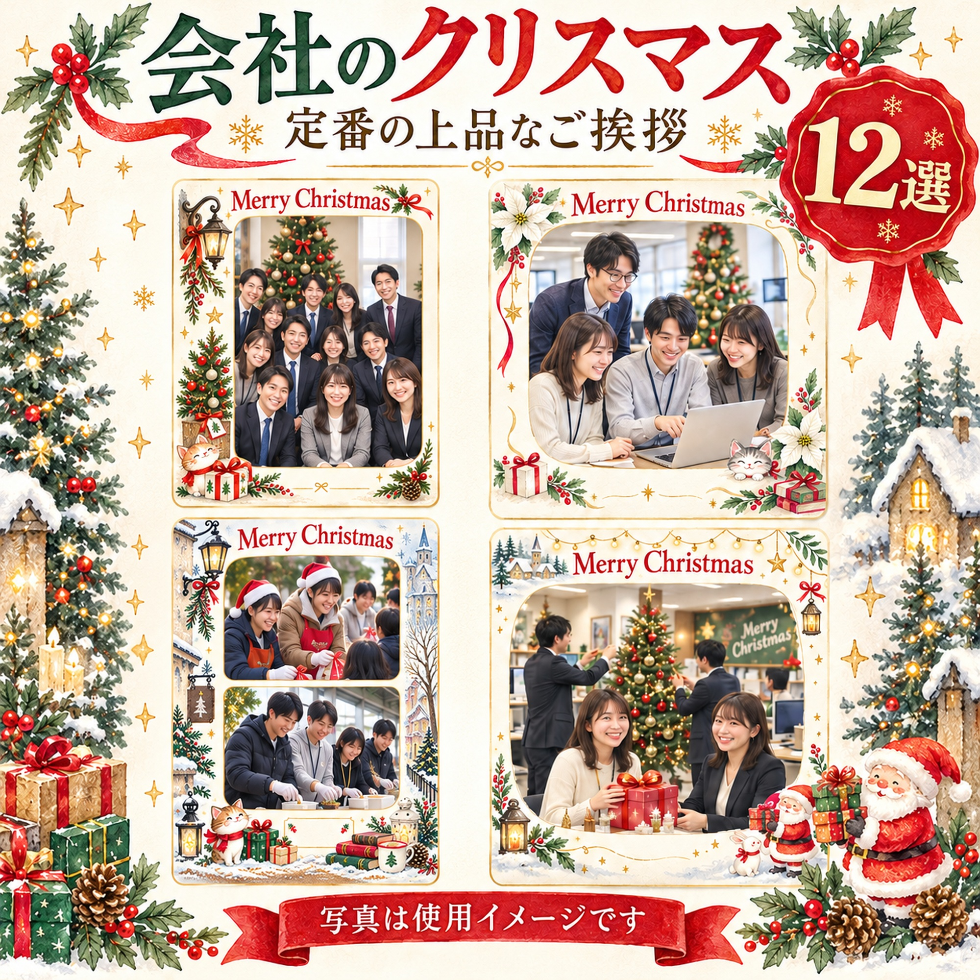 会社・社員のクリスマス写真フレーム12選｜定番の上品なご挨拶の無料イラスト素材 100166に写真・文字を入れる