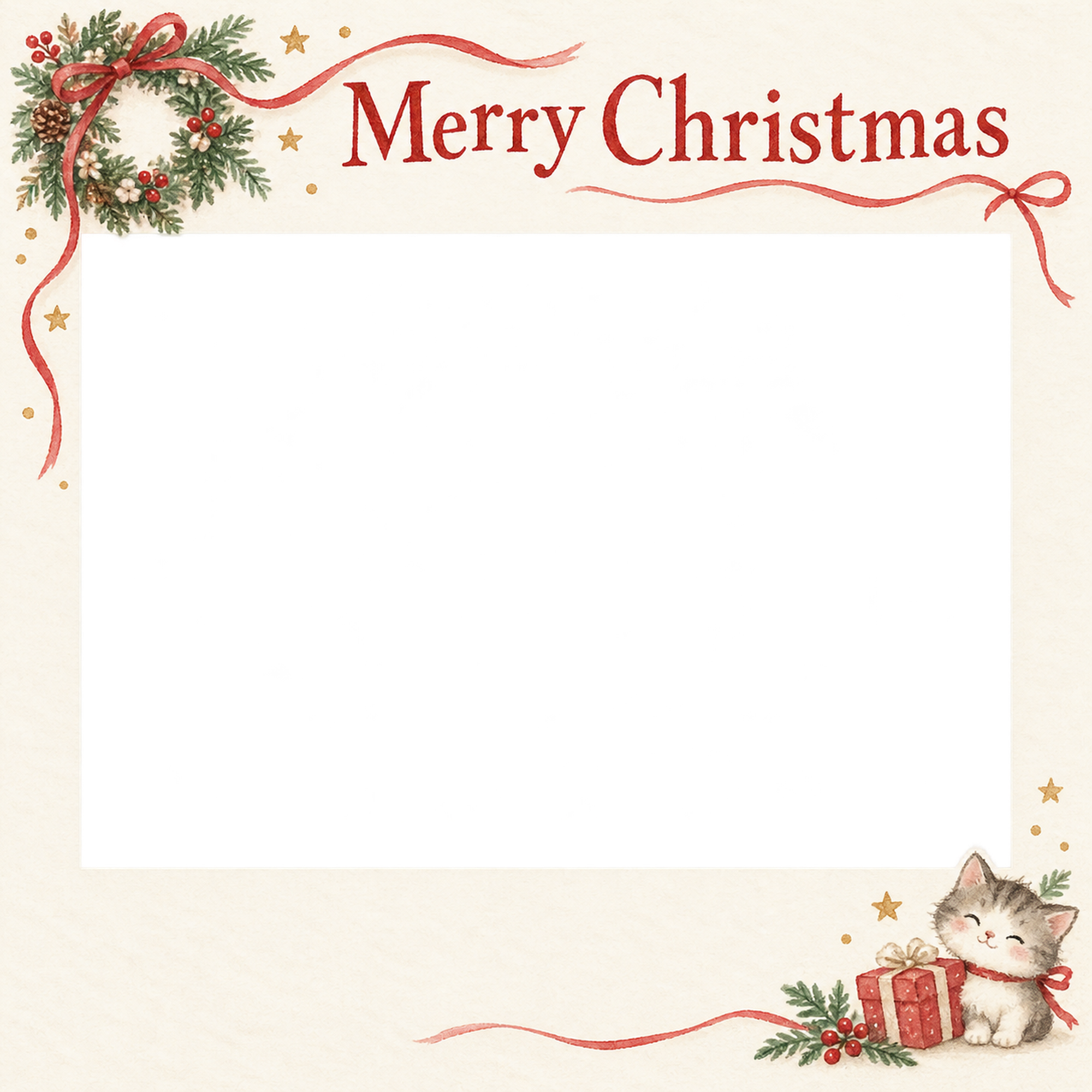 リースと細いリボンの会社・社員のクリスマス写真フレーム｜定番の上品なご挨拶・無料イラスト 100167に写真・文字を入れる