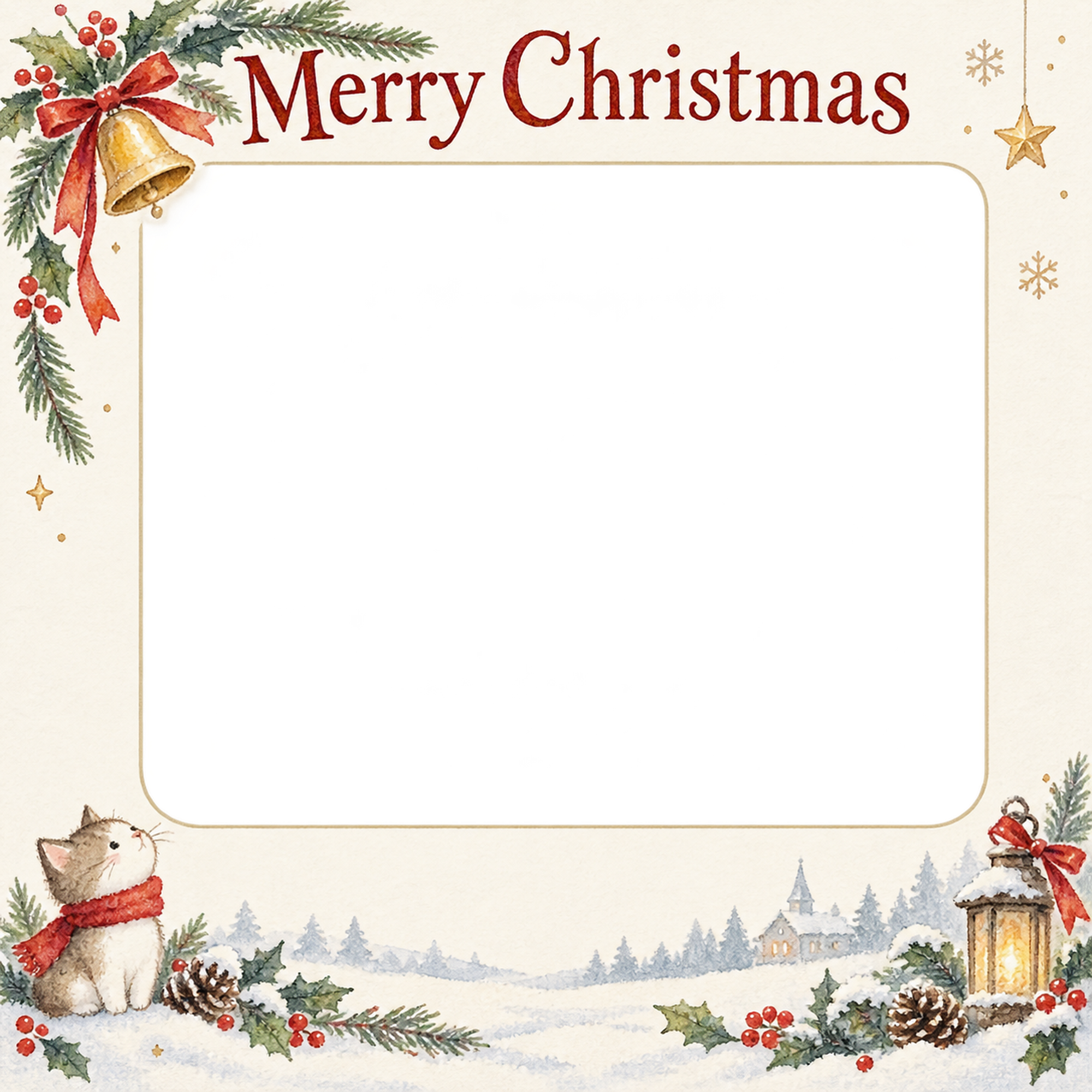 ベルと冬の葉の会社・社員のクリスマス写真フレーム｜定番の上品なご挨拶・無料イラスト 100169に写真・文字を入れる