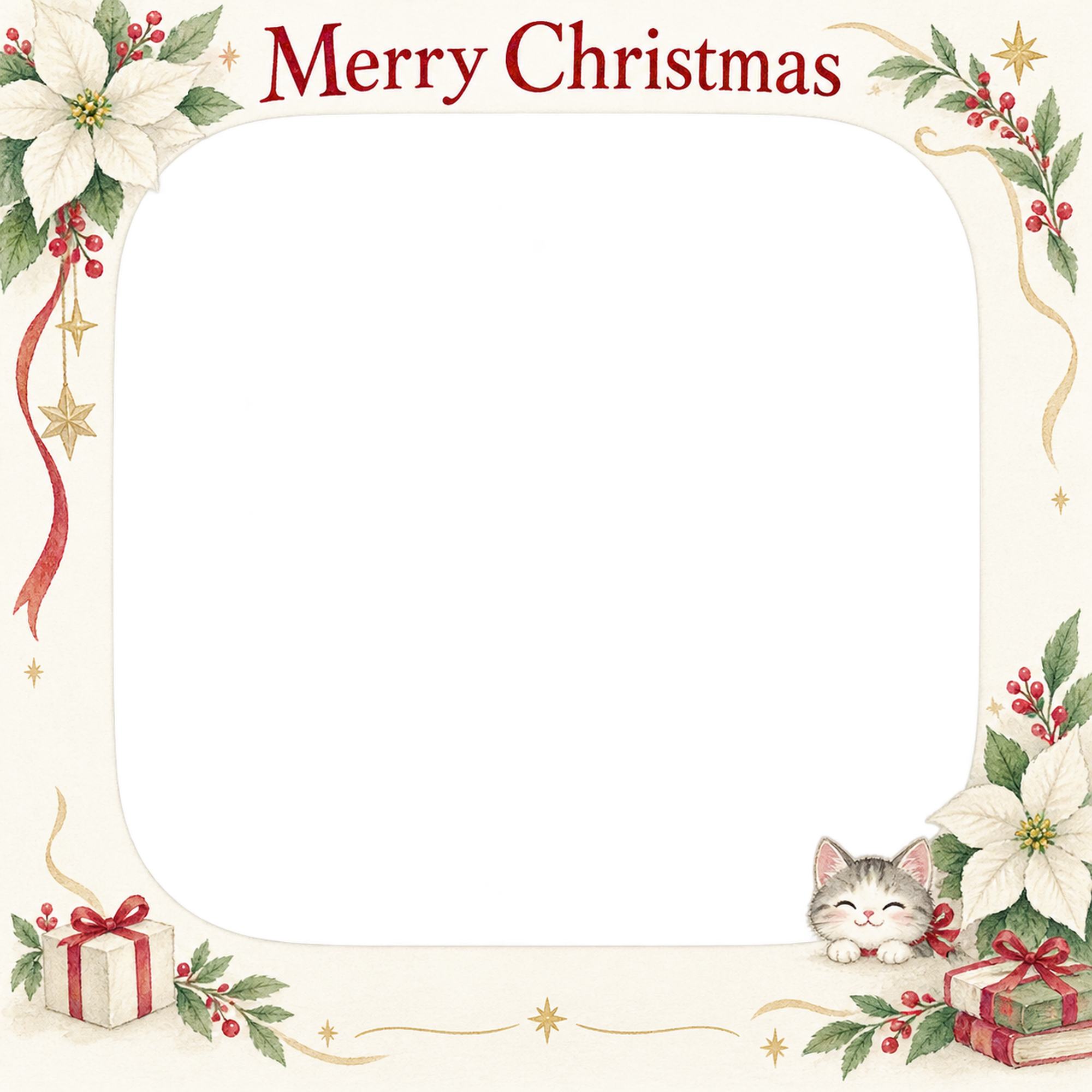 白いポインセチアの会社・社員のクリスマス写真フレーム｜定番の上品なご挨拶・無料イラスト 100171に写真・文字を入れる