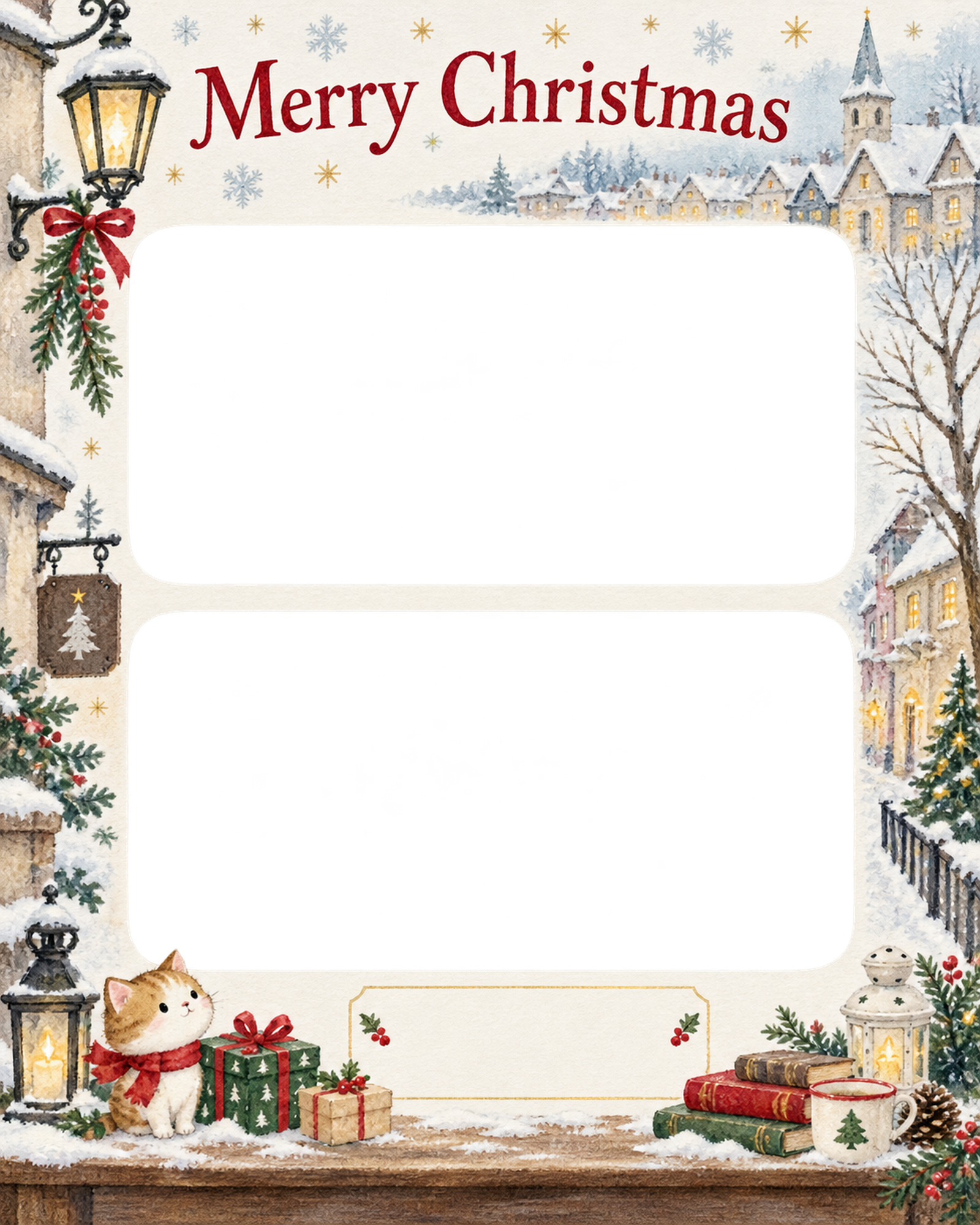 雪の街並みの会社・社員のクリスマス写真フレーム｜定番の上品なご挨拶・無料イラスト 100172に写真・文字を入れる