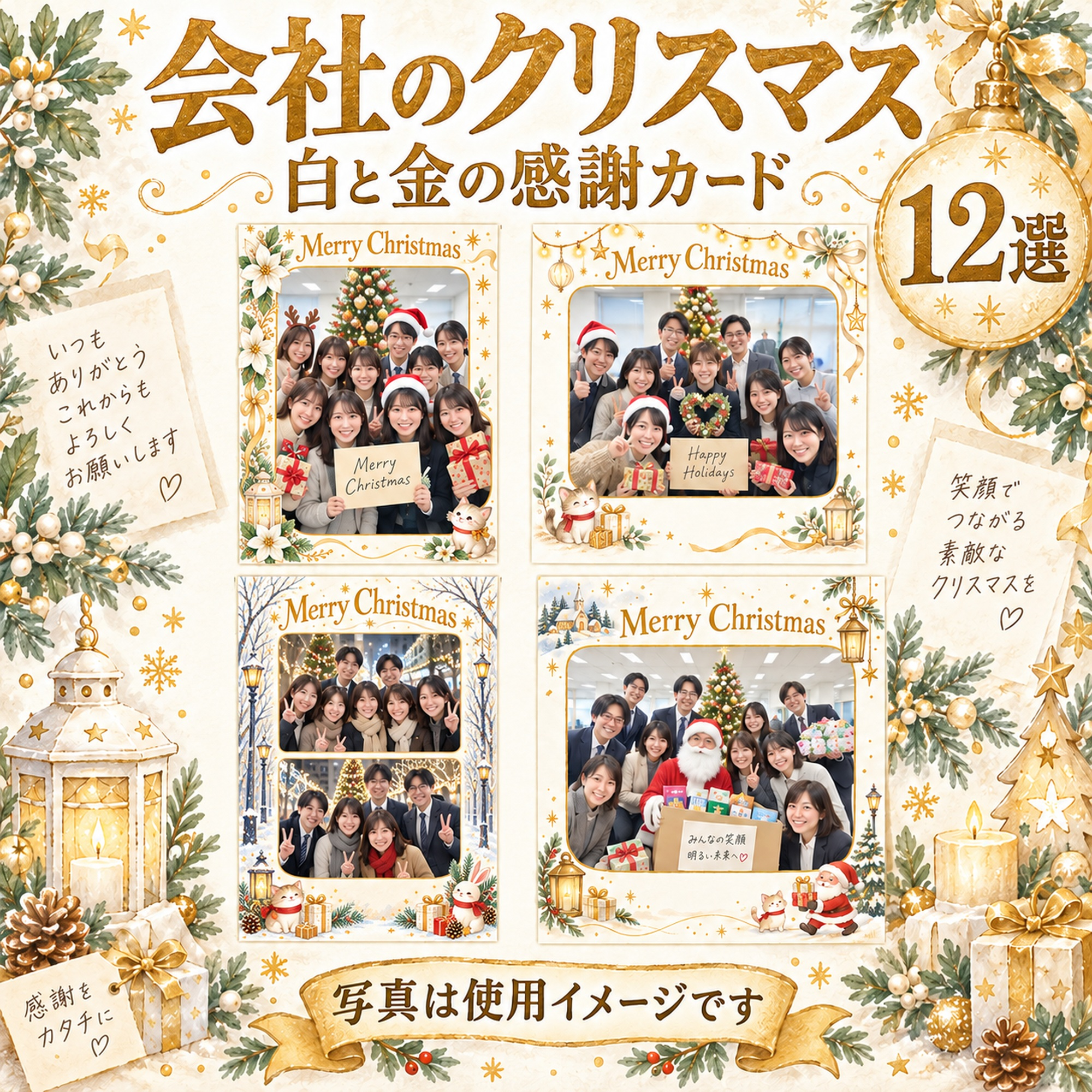 会社・社員のクリスマス写真フレーム12選｜白と金の感謝カードの無料イラスト素材 100179に写真・文字を入れる