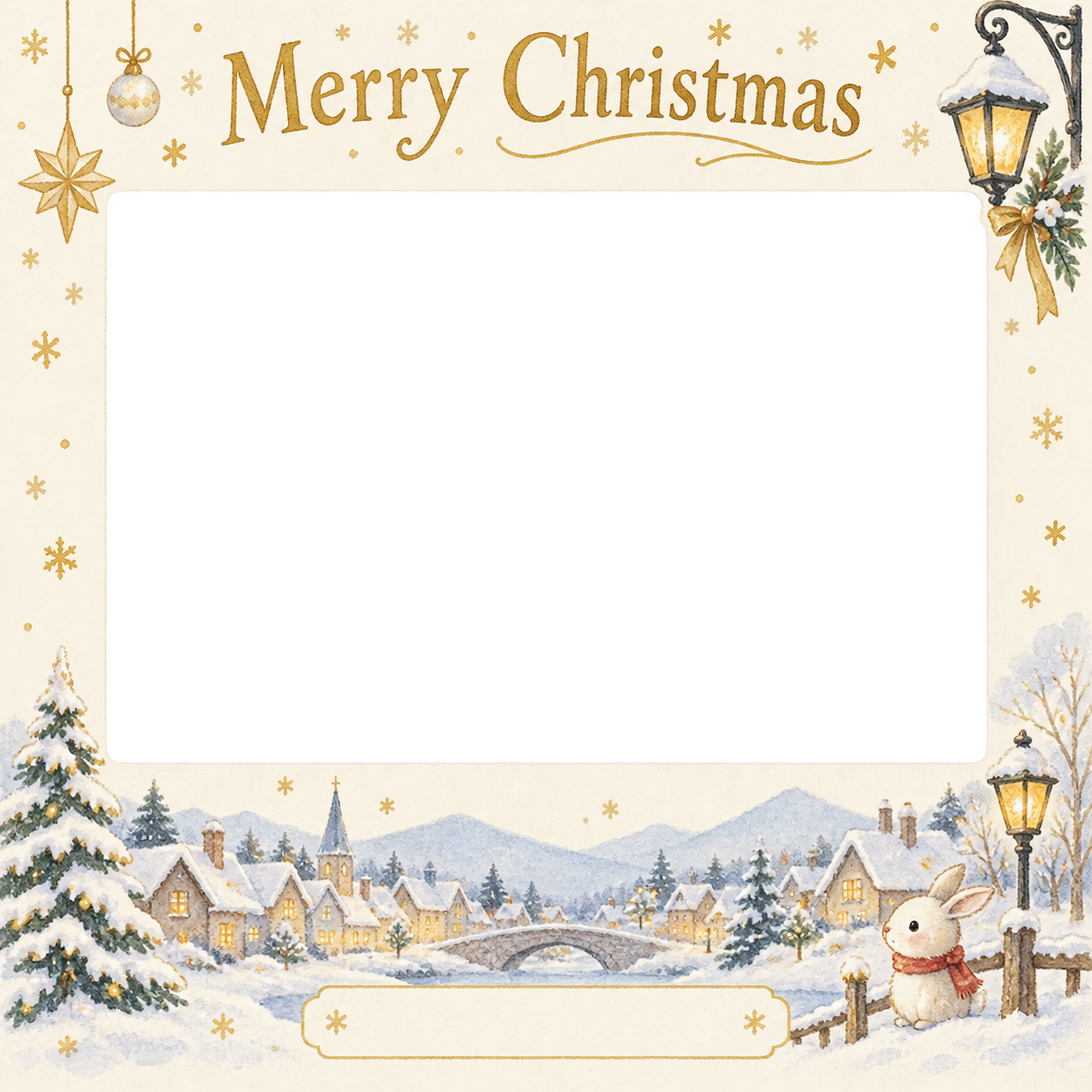 雪の街並みの会社・社員のクリスマス写真フレーム｜白と金の感謝カード・無料イラスト 100182に写真・文字を入れる