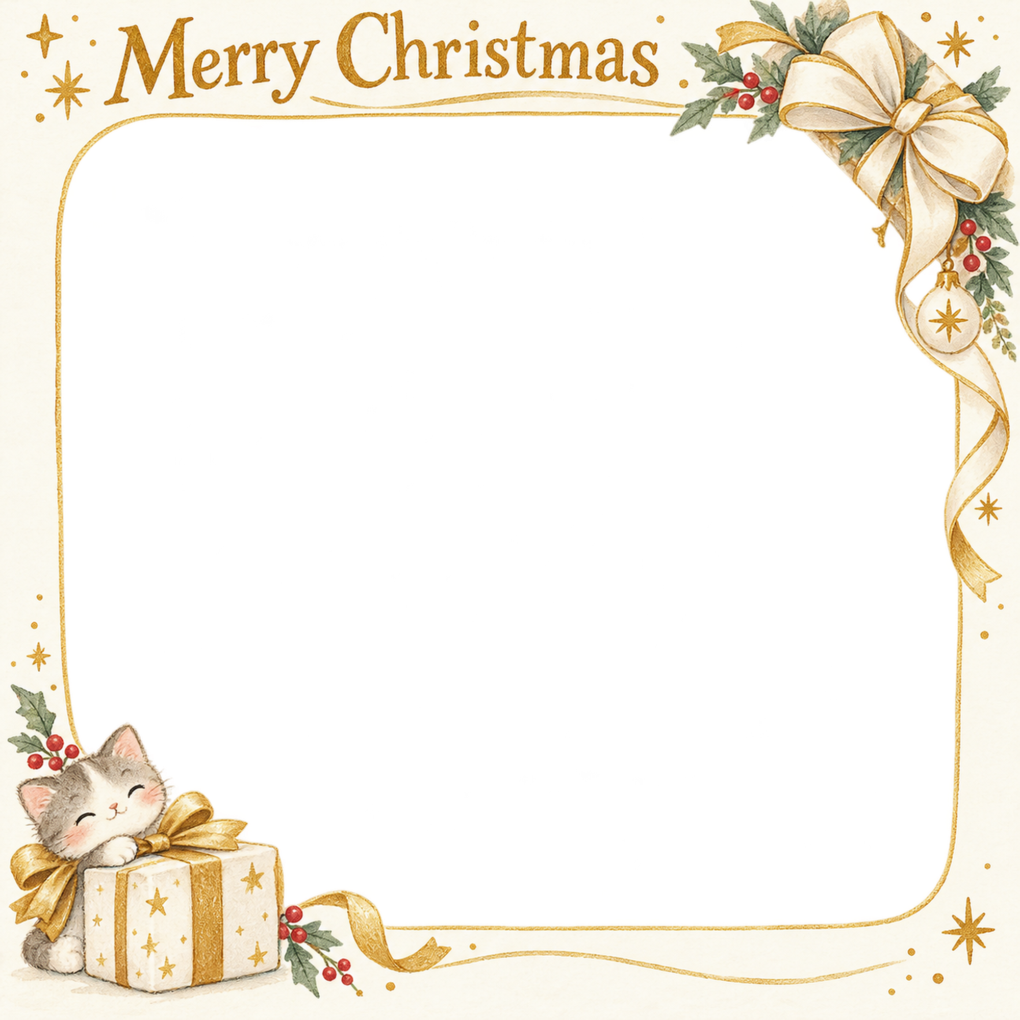 贈り物の結び目の会社・社員のクリスマス写真フレーム｜白と金の感謝カード・無料イラスト 100183に写真・文字を入れる