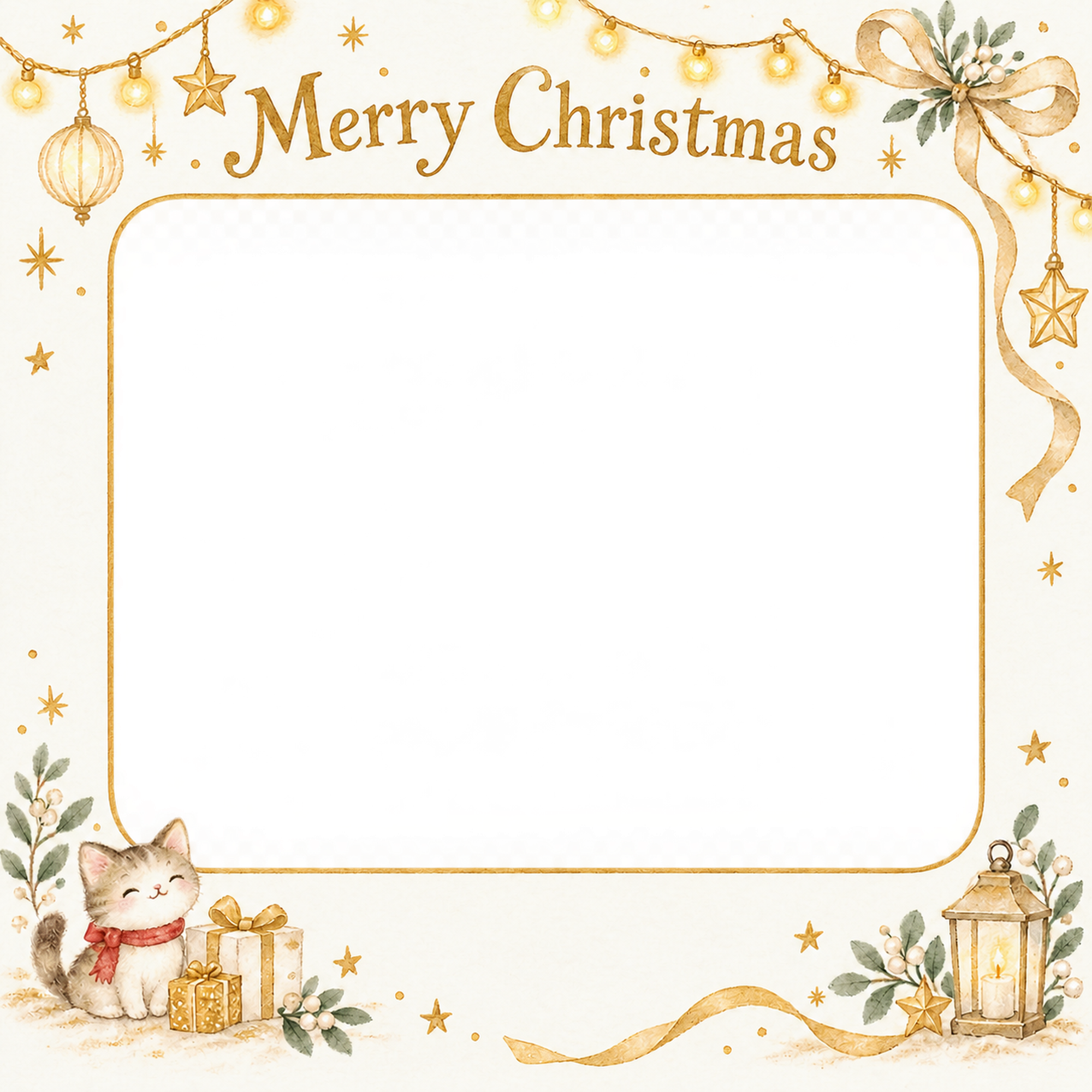 光のガーランドの会社・社員のクリスマス写真フレーム｜白と金の感謝カード・無料イラスト 100184に写真・文字を入れる