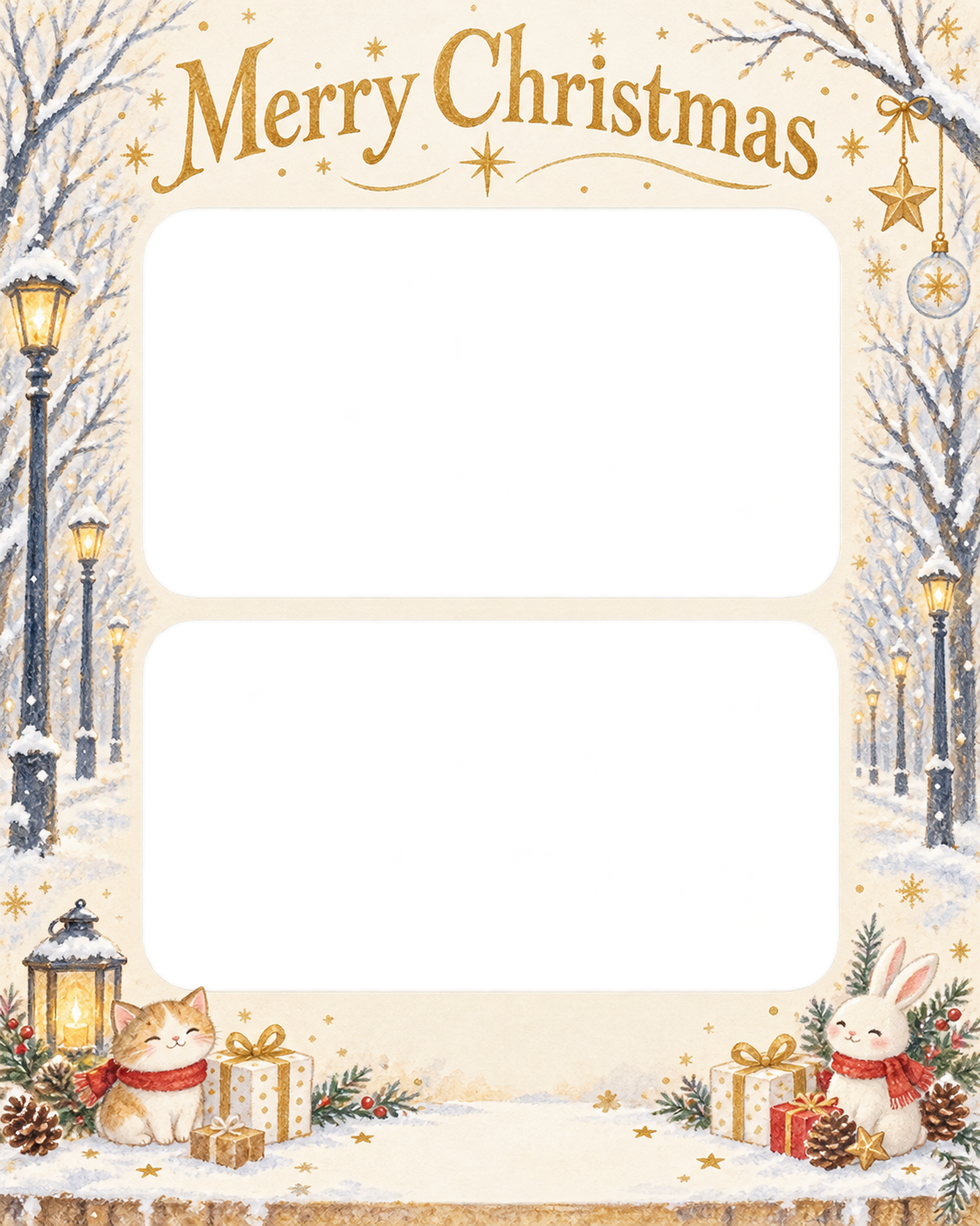 冬の並木の会社・社員のクリスマス写真フレーム｜白と金の感謝カード・無料イラスト 100185に写真・文字を入れる