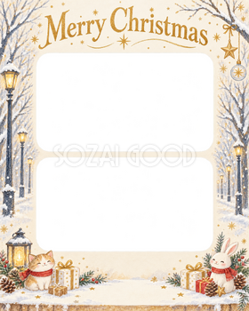 冬の並木の会社・社員のクリスマス写真フレーム｜白と金の感謝カード・無料イラスト 100185