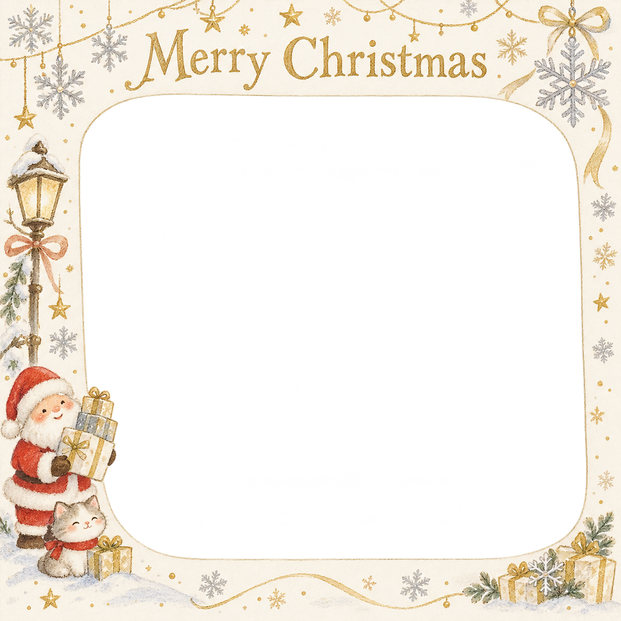 銀の雪結晶の会社・社員のクリスマス写真フレーム｜白と金の感謝カード・無料イラスト 100186に写真・文字を入れる