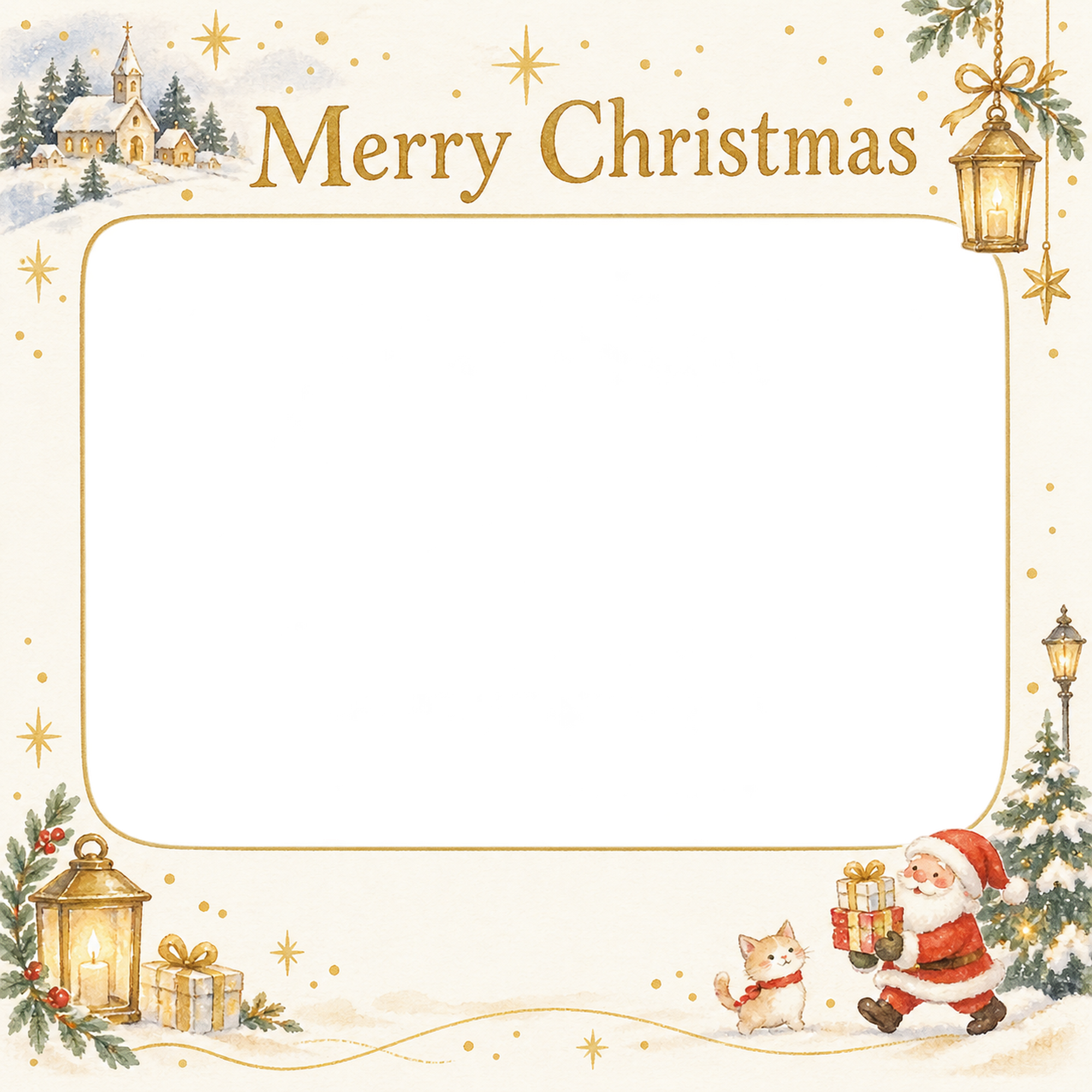 あたたかな灯りの会社・社員のクリスマス写真フレーム｜白と金の感謝カード・無料イラスト 100187に写真・文字を入れる
