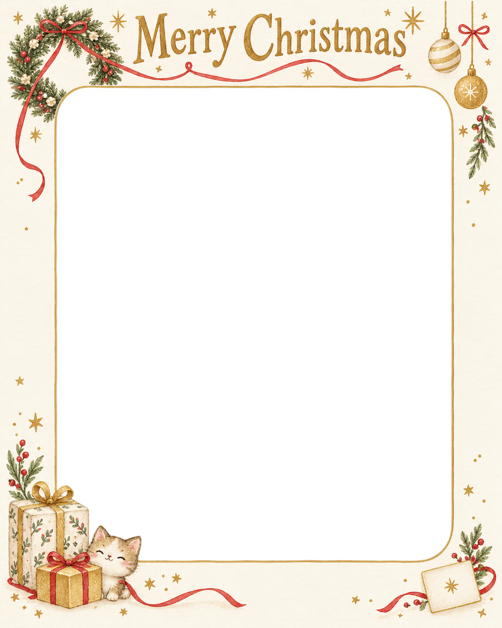 リースと細いリボンの会社・社員のクリスマス写真フレーム｜白と金の感謝カード・無料イラスト 100189に写真・文字を入れる