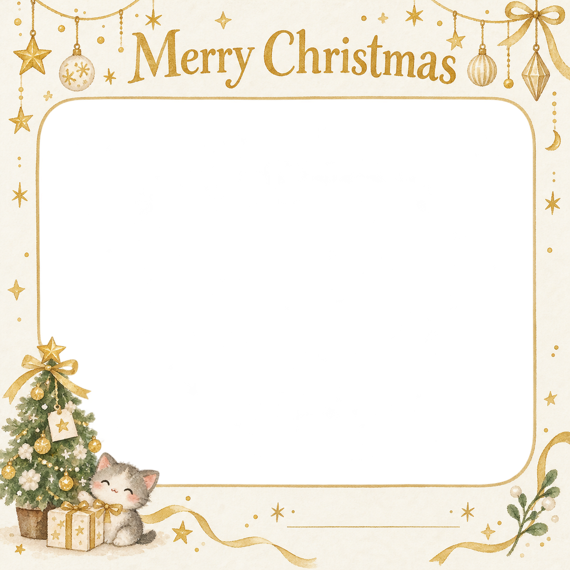小さなツリーの会社・社員のクリスマス写真フレーム｜白と金の感謝カード・無料イラスト 100190に写真・文字を入れる